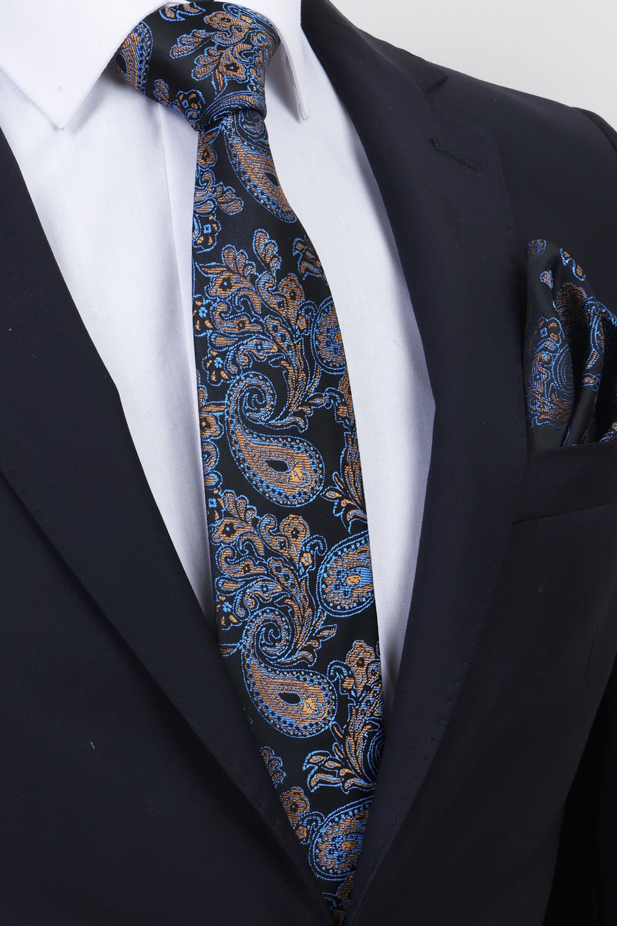 Esgue Hand Made 8 cm Sarı-Mavi & Siyah Damla Desen Mendilli Kravat