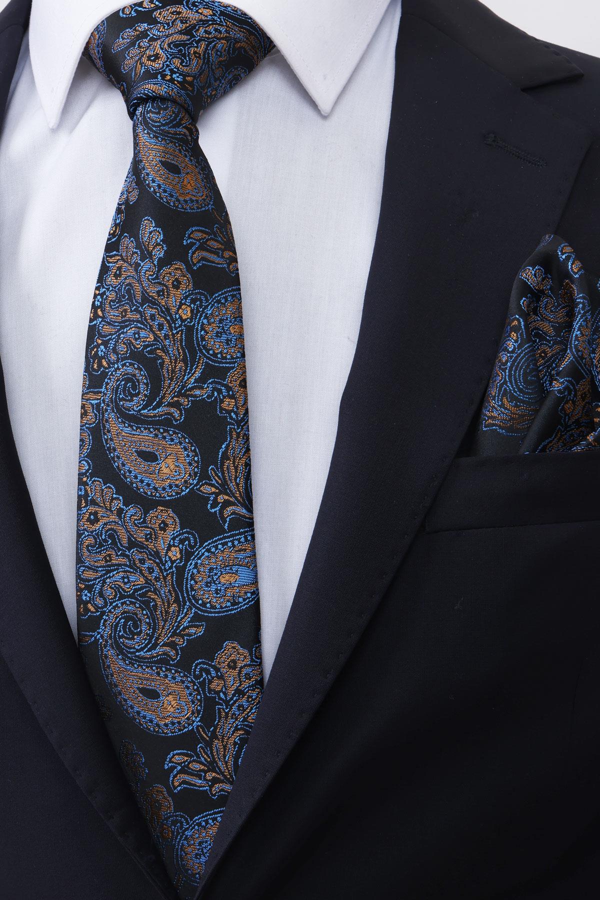 Esgue Hand Made 8 cm Sarı-Mavi & Siyah Damla Desen Mendilli Kravat