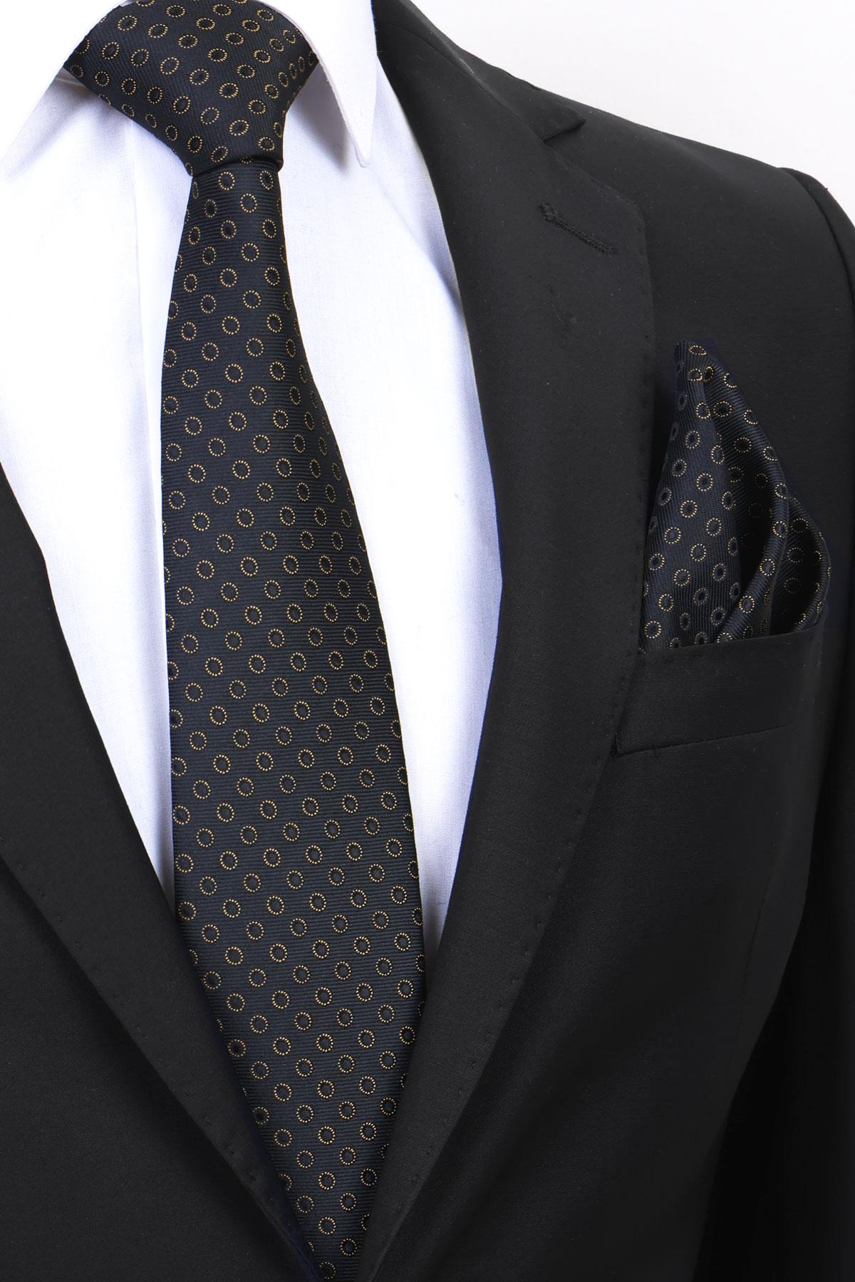 Esgue Hand Made 8 cm Siyah Gold Desenli Mendilli Kravat