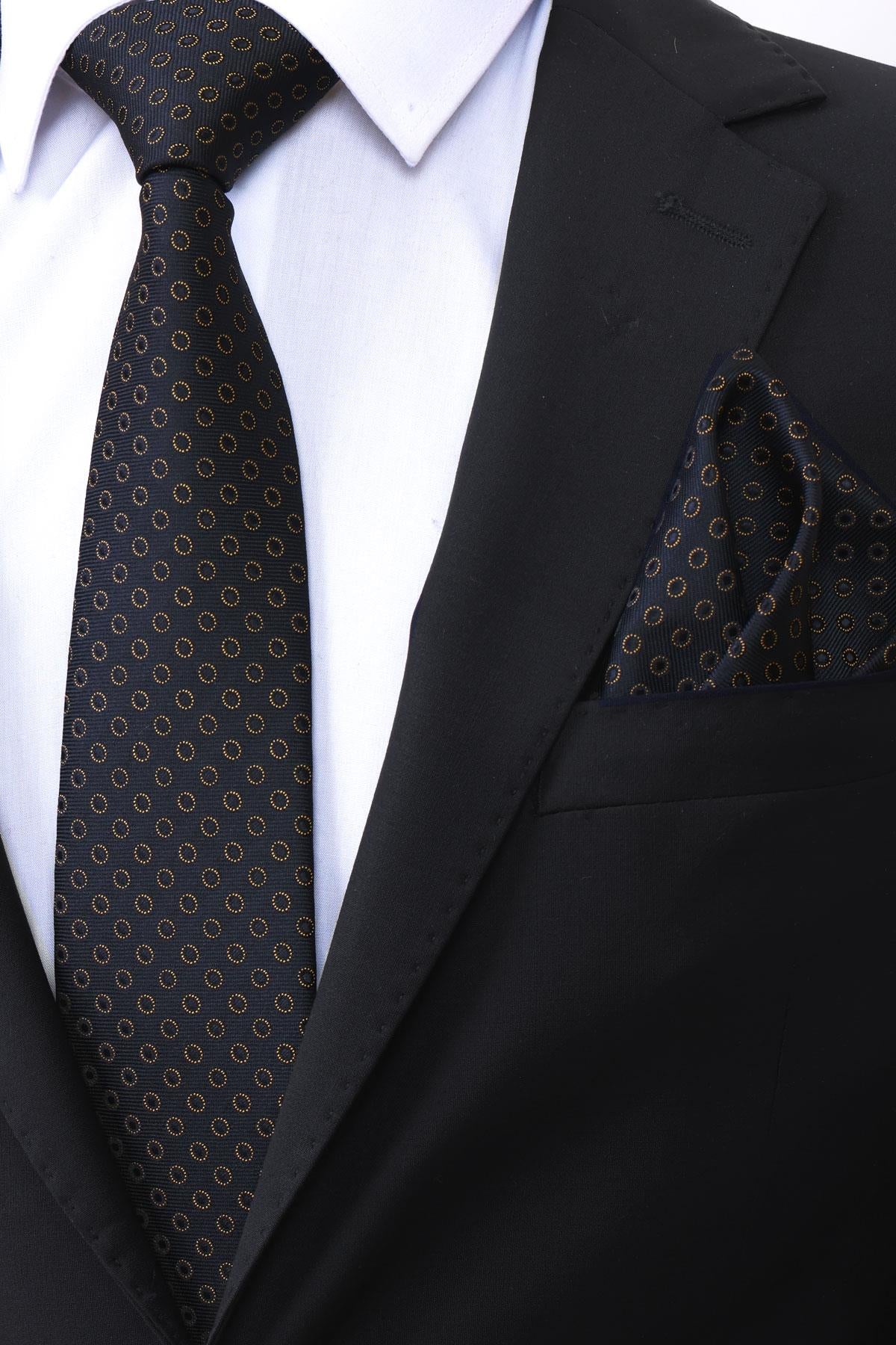 Esgue Hand Made 8 cm Siyah Gold Desenli Mendilli Kravat