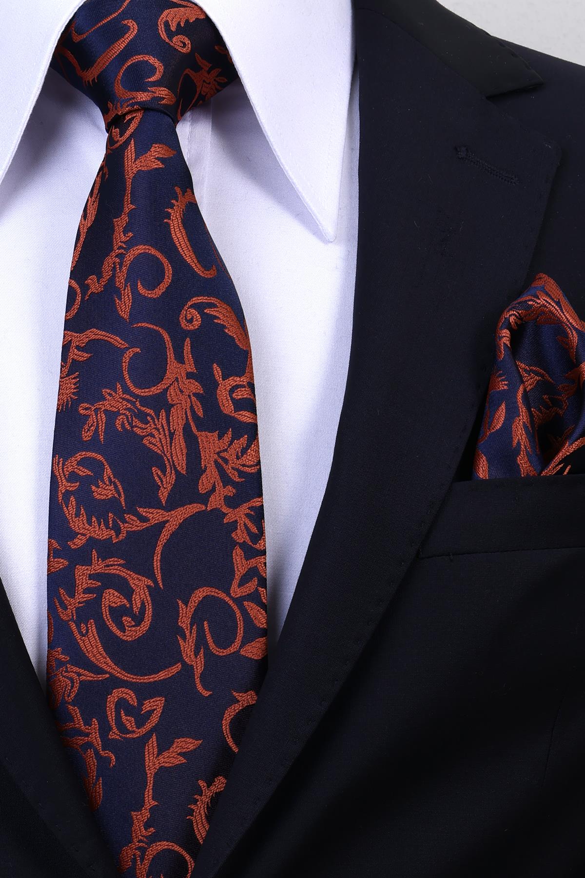 Esgue Hand Made 8 cm Dalgalı Desen Lacivert Bakır Renk Mendilli Kravat