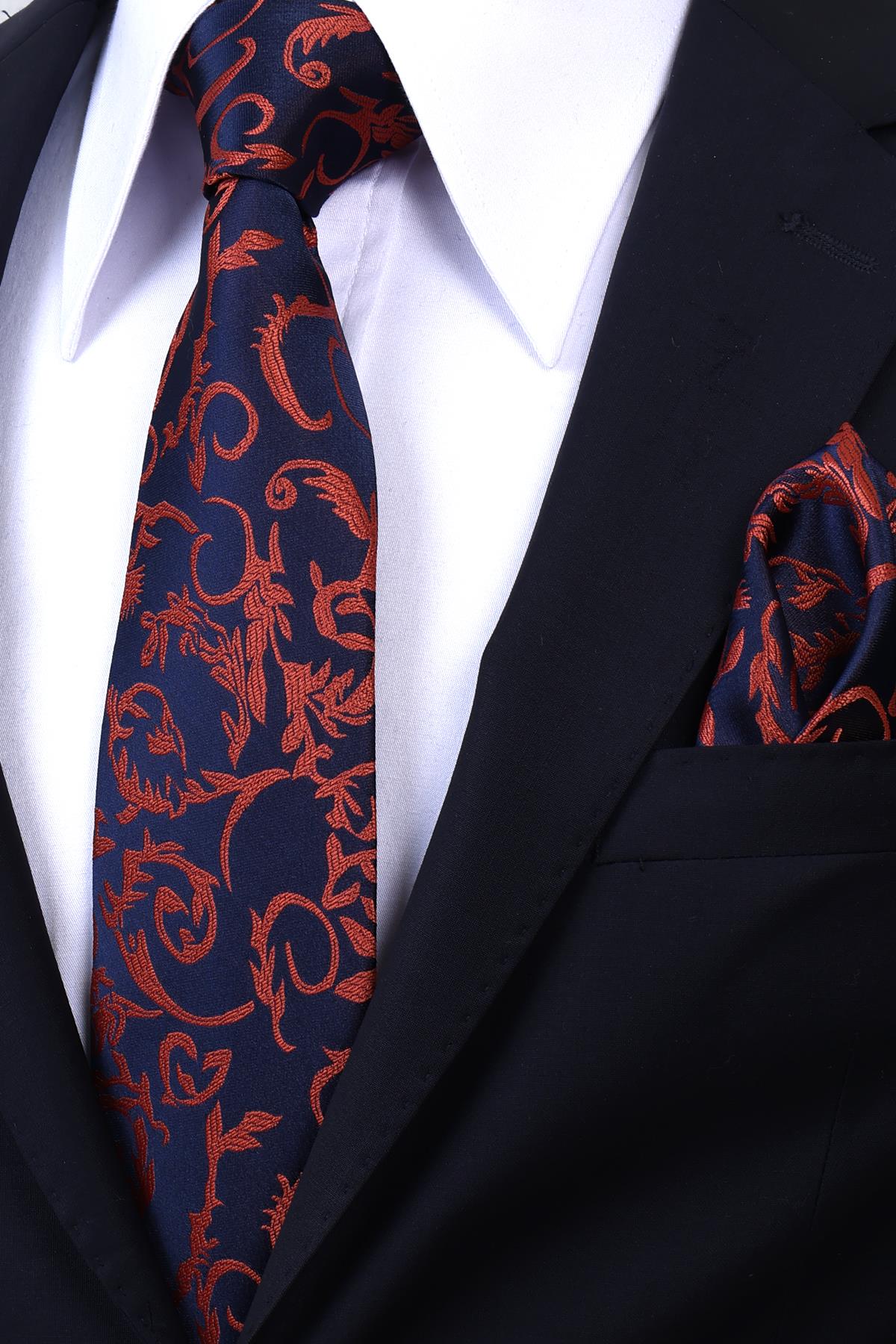 Esgue Hand Made 8 cm Dalgalı Desen Lacivert Bakır Renk Mendilli Kravat