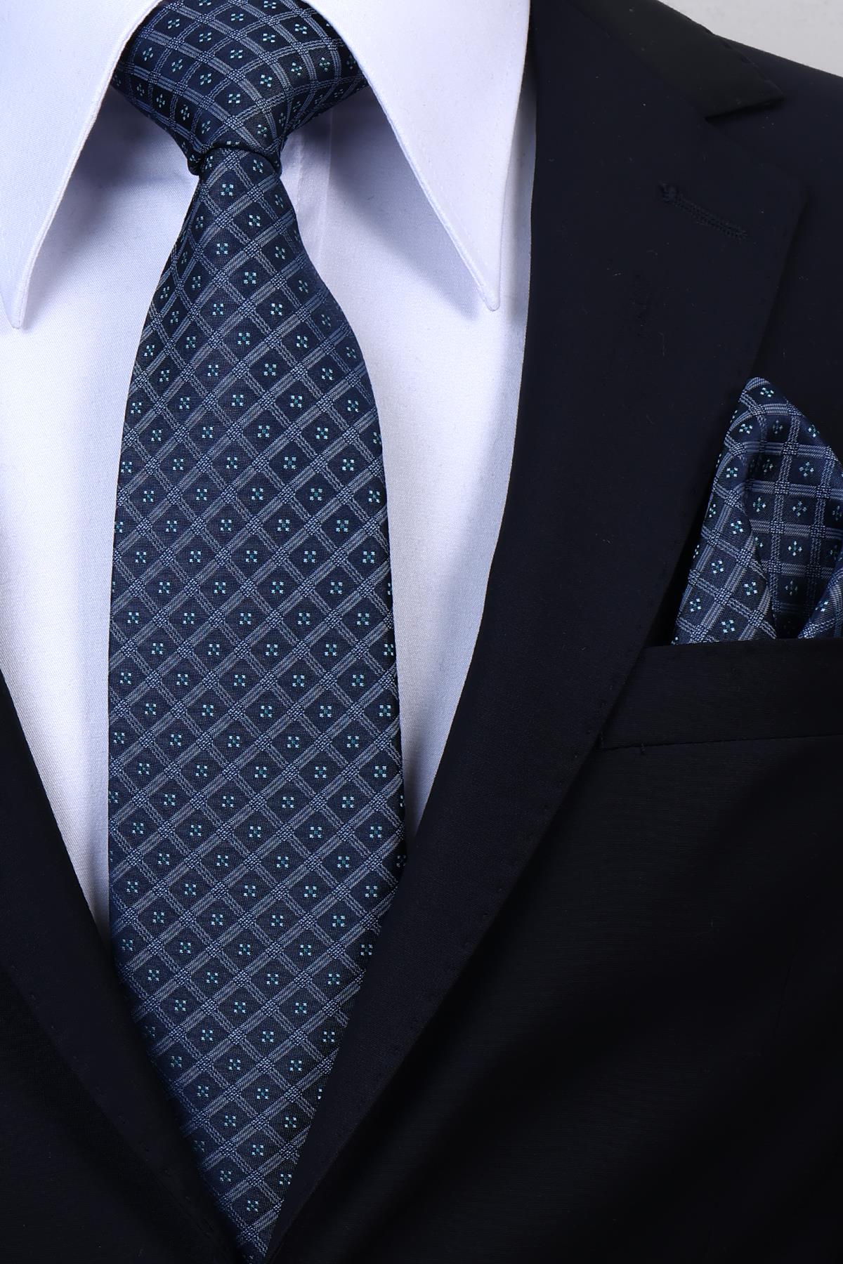 Esgue Hand Made 8 cm Motif Desen Lacivert Mavi Renk Mendilli Kravat