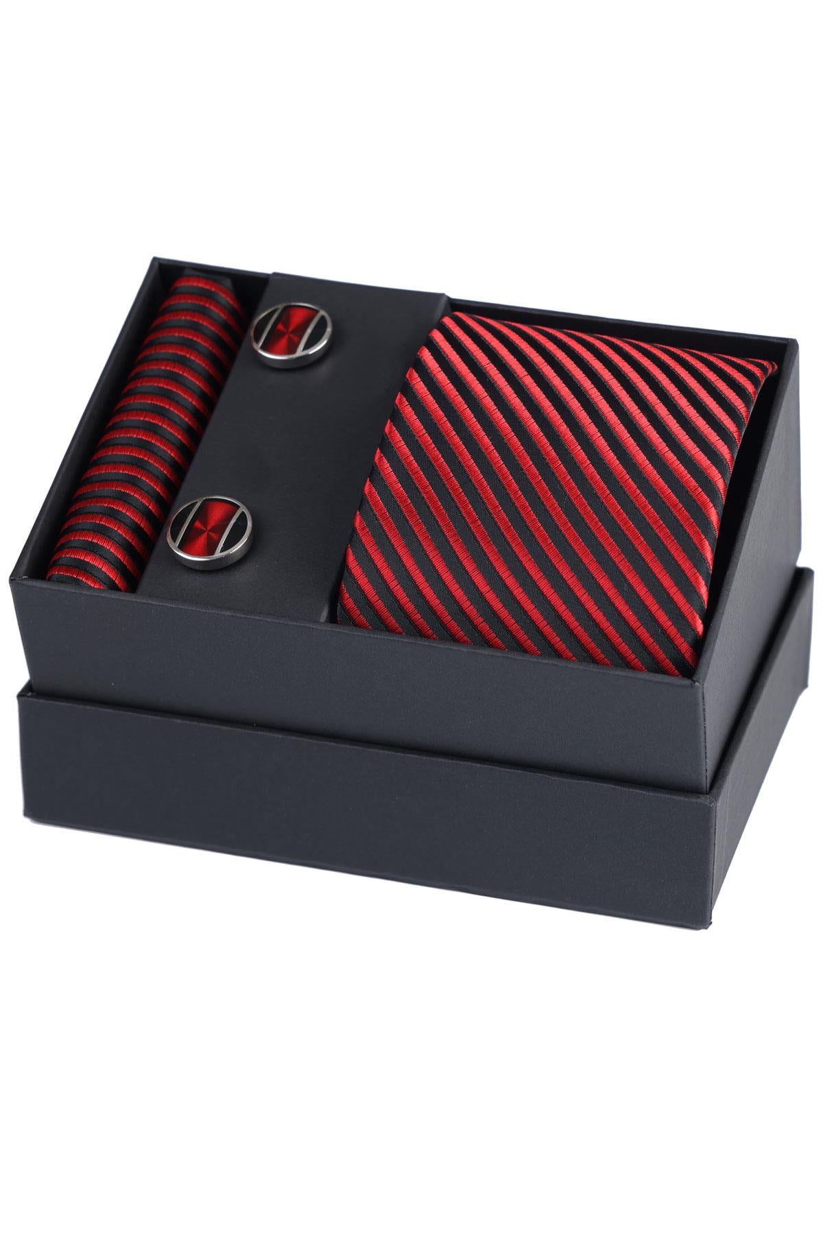 Esgue Hand Made Çizgili Kırmızı Siyah Kravat & Mendil & Kol Düğmesi Hediye Seti