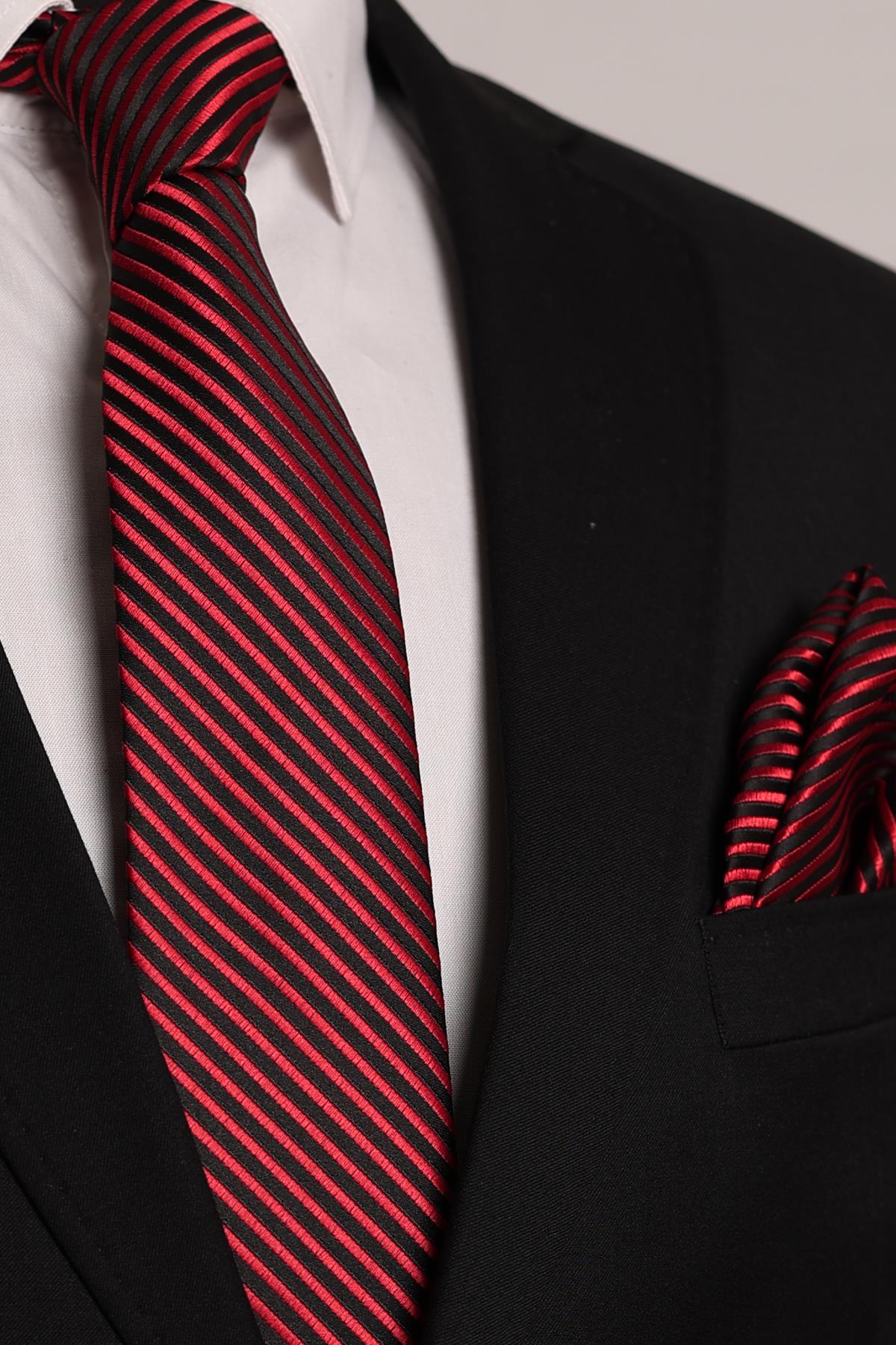 Esgue Hand Made Çizgili Kırmızı Siyah Kravat & Mendil & Kol Düğmesi Hediye Seti