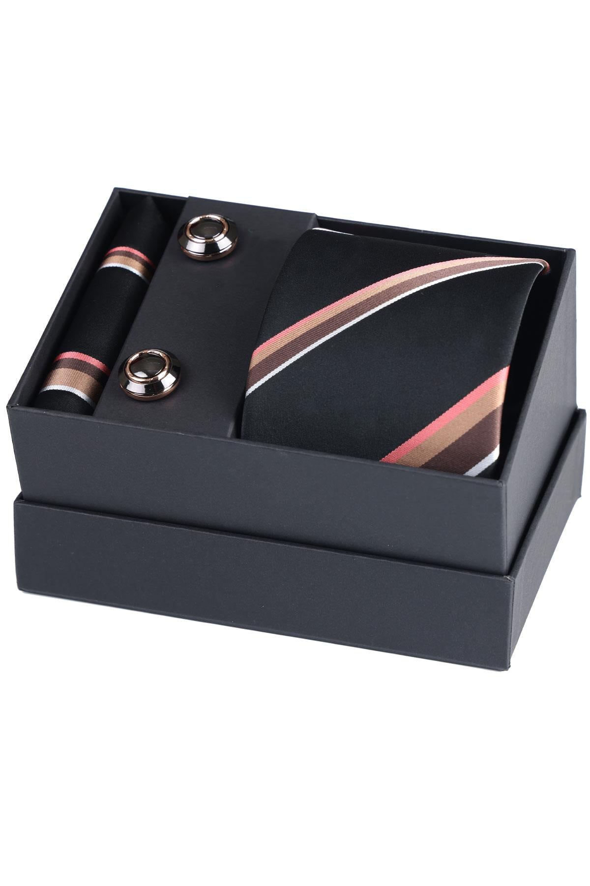 Esgue Hand Made Çizgili Siyah Bej Kravat & Mendil & Siyah Kol Düğmesi Hediye Seti