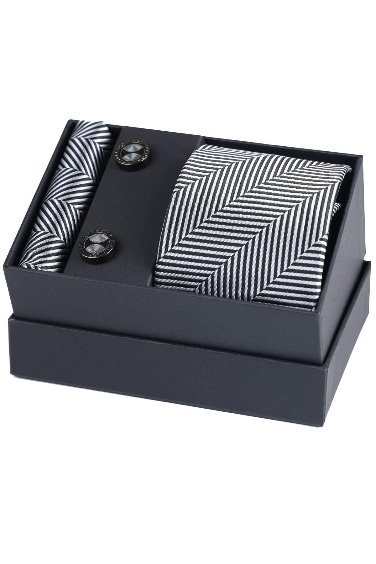 Esgue Hand Made Çizgili Siyah Beyaz Kravat & Mendil & Desenli Kol Düğmesi Hediye Seti
