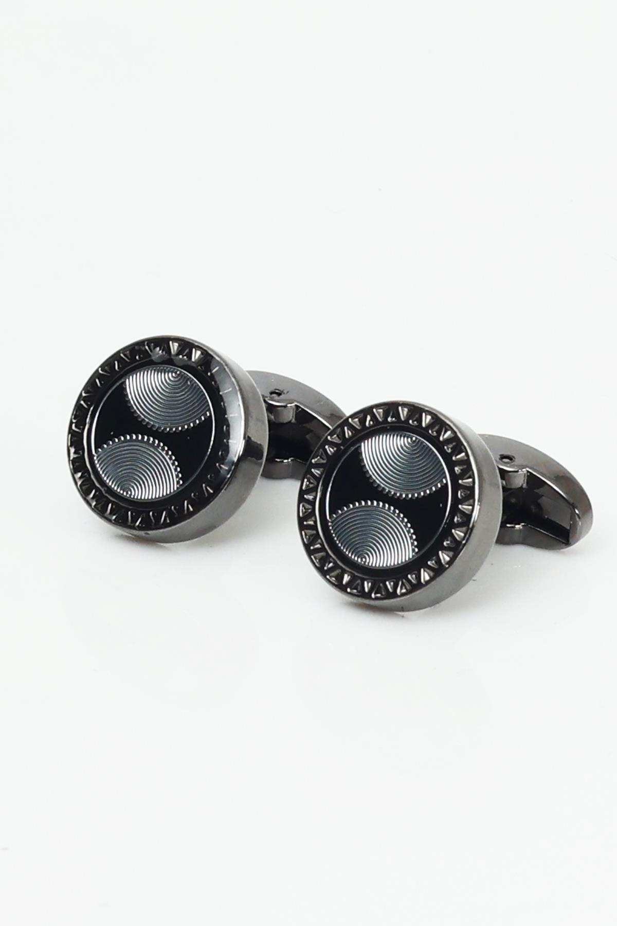 Esgue Hand Made Çizgili Siyah Beyaz Kravat & Mendil & Desenli Kol Düğmesi Hediye Seti