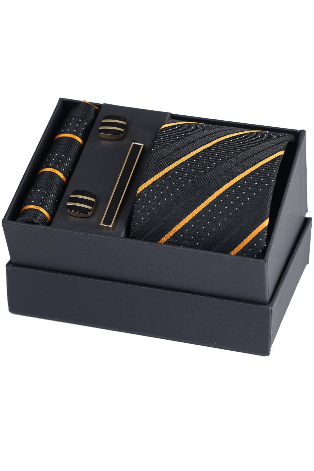 Esgue Hand Made Çizgili Siyah Gold Kravat & Mendil & Siyah Gold Kol Düğmesi & Kravat Maşası Hediye Seti