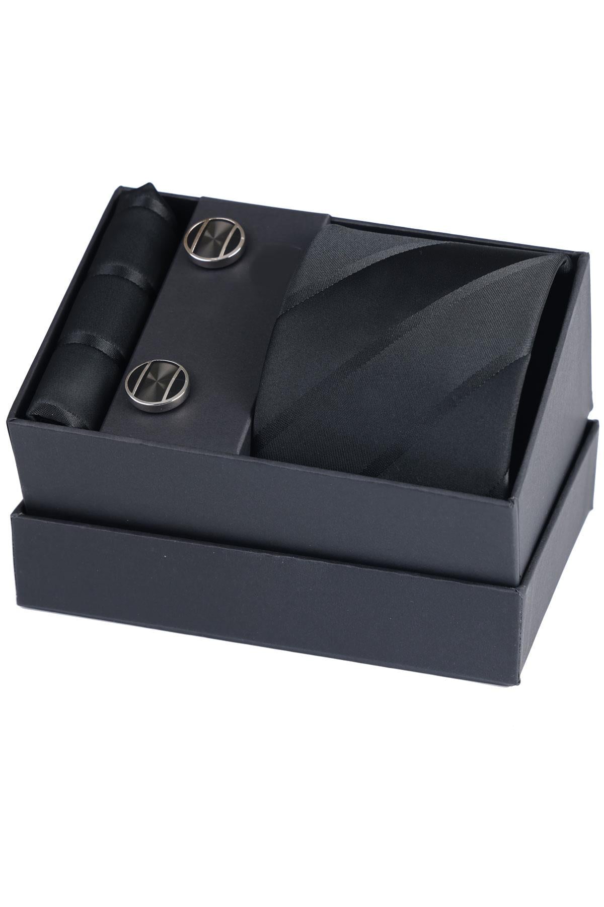 Esgue Hand Made Çizgili Siyah Kravat & Mendil & Gri Siyah Desenli Kol Düğmesi Hediye Seti