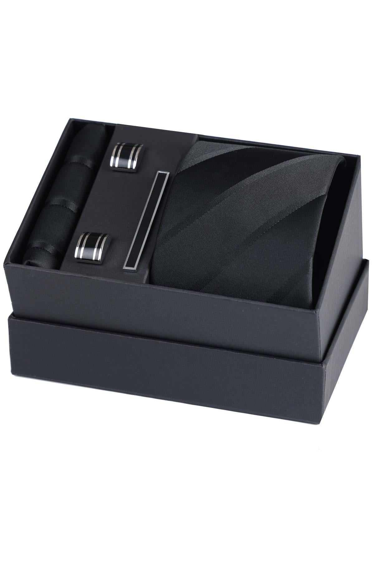 Esgue Hand Made Çizgili Siyah Kravat & Mendil & Siyah Kol Düğmesi & Kravat Maşası Hediye Seti