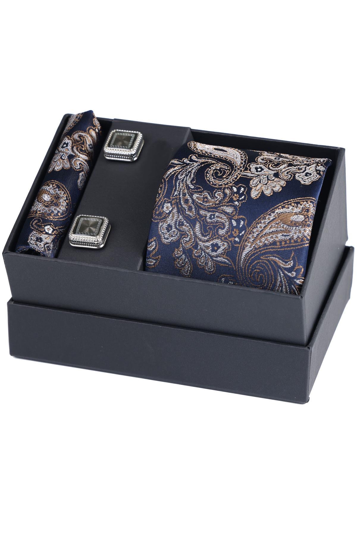 Esgue Hand Made Damla Desen Lacivert Bej Kravat & Mendil & Kare Kol Düğmesi Hediye Seti
