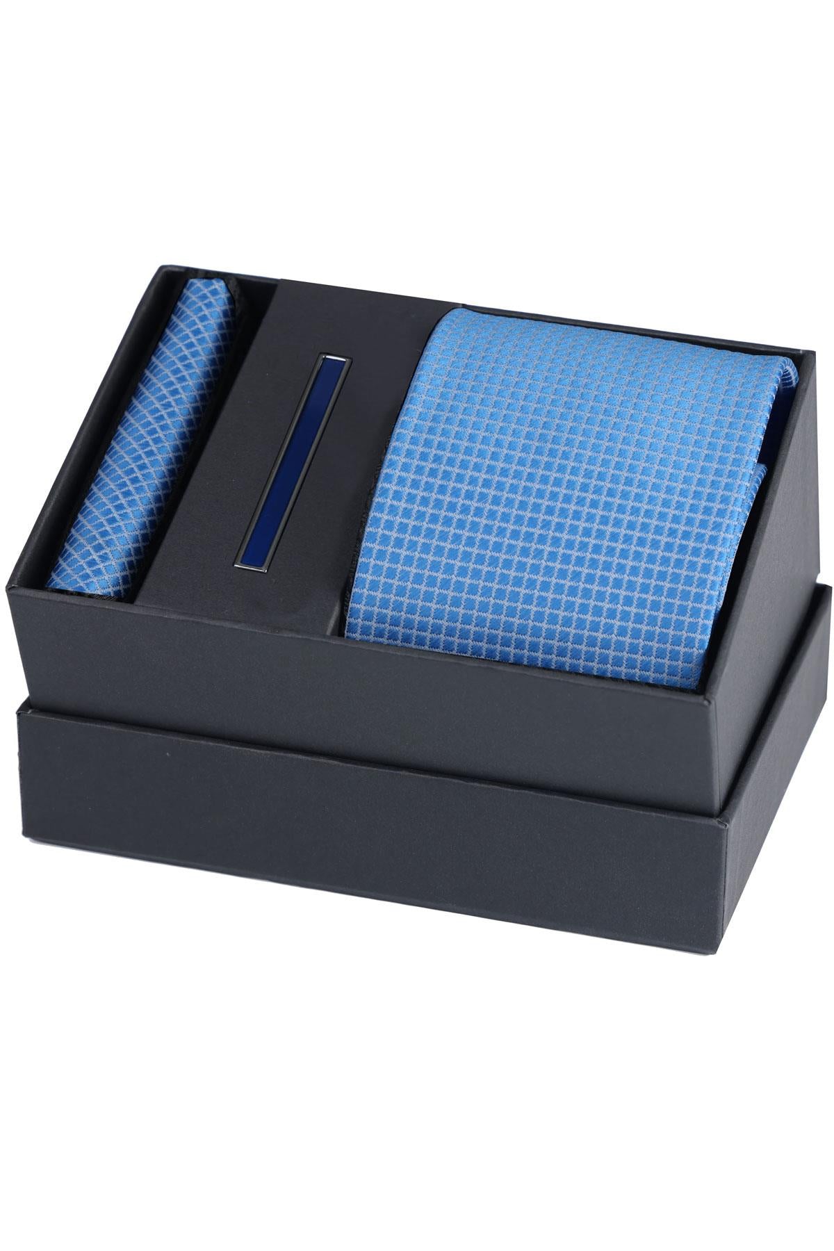 Esgue Hand Made Desenli Açık Mavi Kravat & Mendil & Lacivert Kravat Maşası Hediye Seti