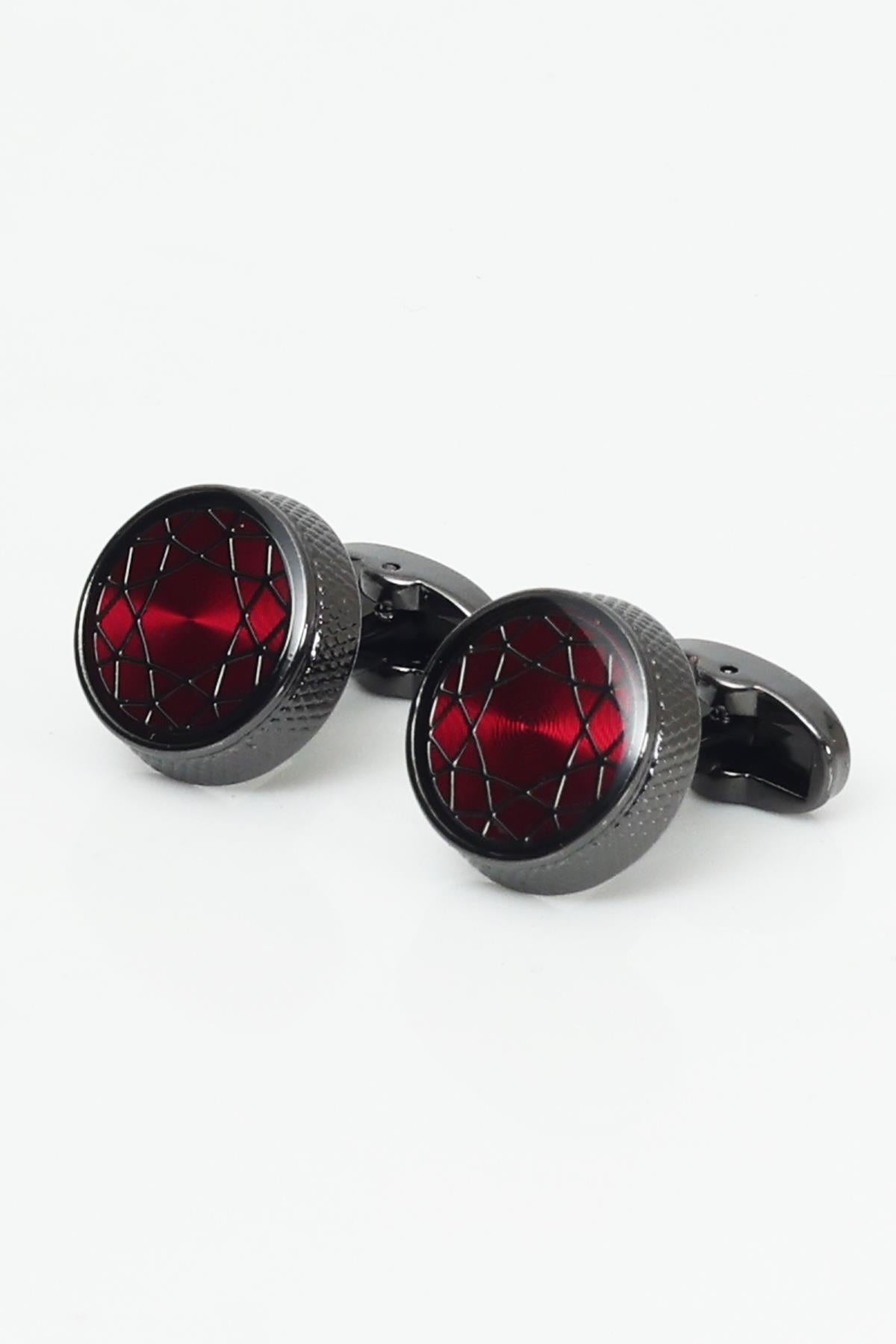 Esgue Hand Made Desenli Bordo Lacivert Kravat & Mendil & Kol Düğmesi Hediye Seti