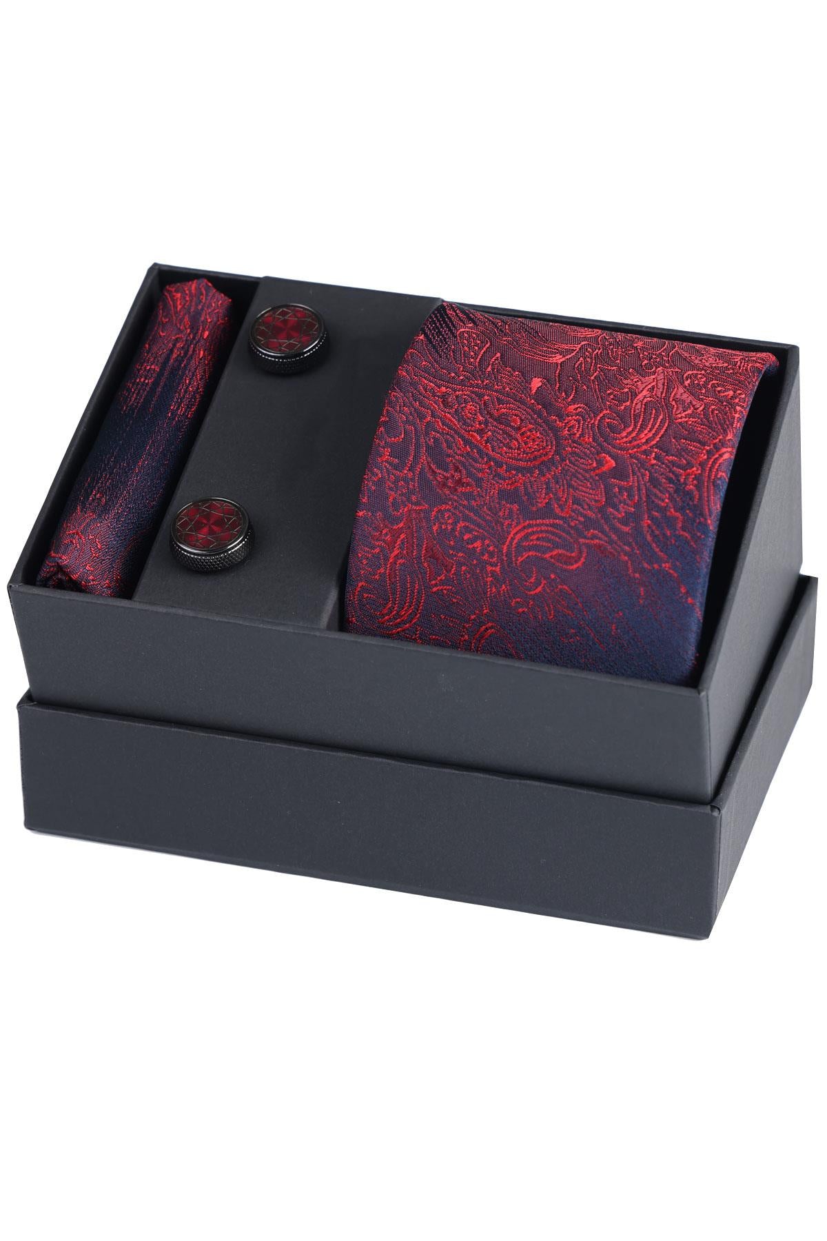Esgue Hand Made Desenli Bordo Lacivert Kravat & Mendil & Kol Düğmesi Hediye Seti