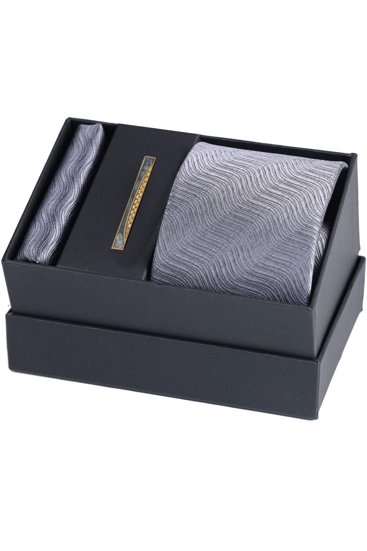 Esgue Hand Made Desenli Gri Kravat & Mendil & Gri Gold Renk Kravat Maşası Hediye Seti