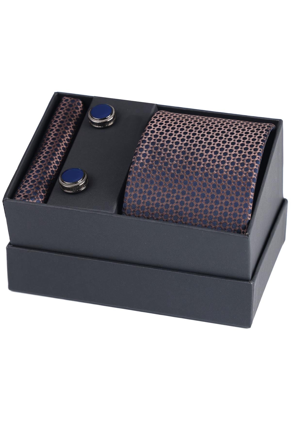 Esgue Hand Made Desenli Kahve Lacivert Kravat & Mendil & Kol Düğmesi Hediye Seti