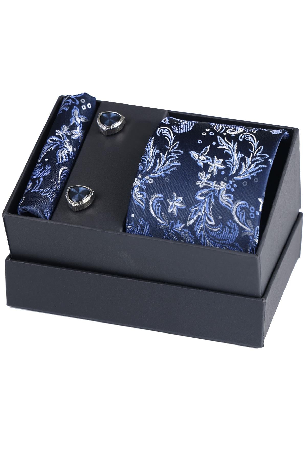 Esgue Hand Made Desenli Lacivert Gri Kravat & Mendil & Özel Tasarım Kol Düğmesi Hediye Seti