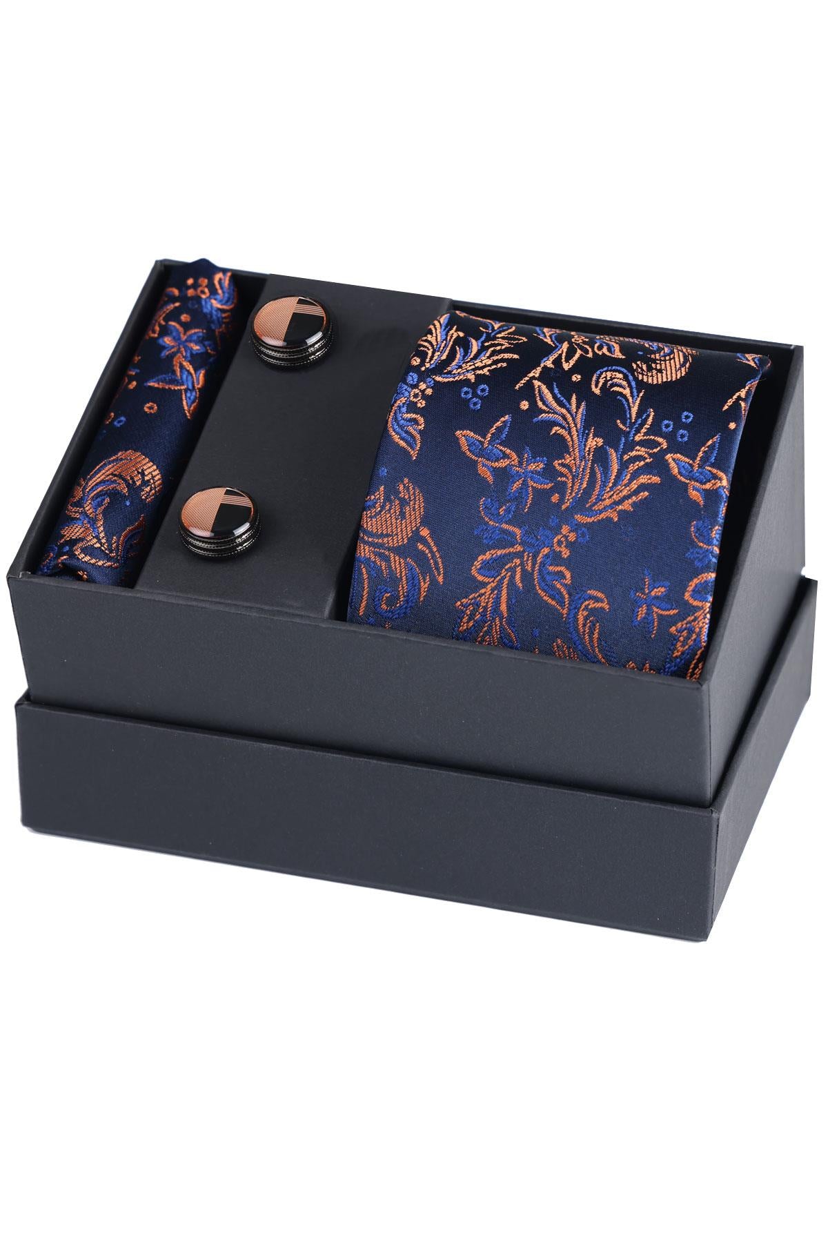 Esgue Hand Made Desenli Lacivert Kiremit Kravat & Mendil & Desenli Kol Düğmesi Hediye Seti