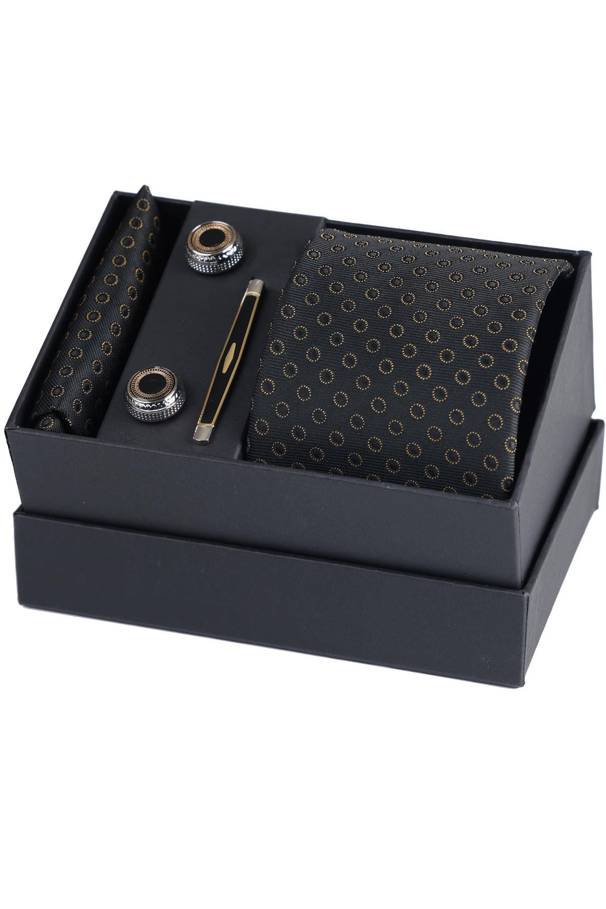 Esgue Hand Made Desenli Siyah Gold Kravat & Mendil & Gümüş Renk Kol Düğmesi & Kravat Maşası Hediye Seti