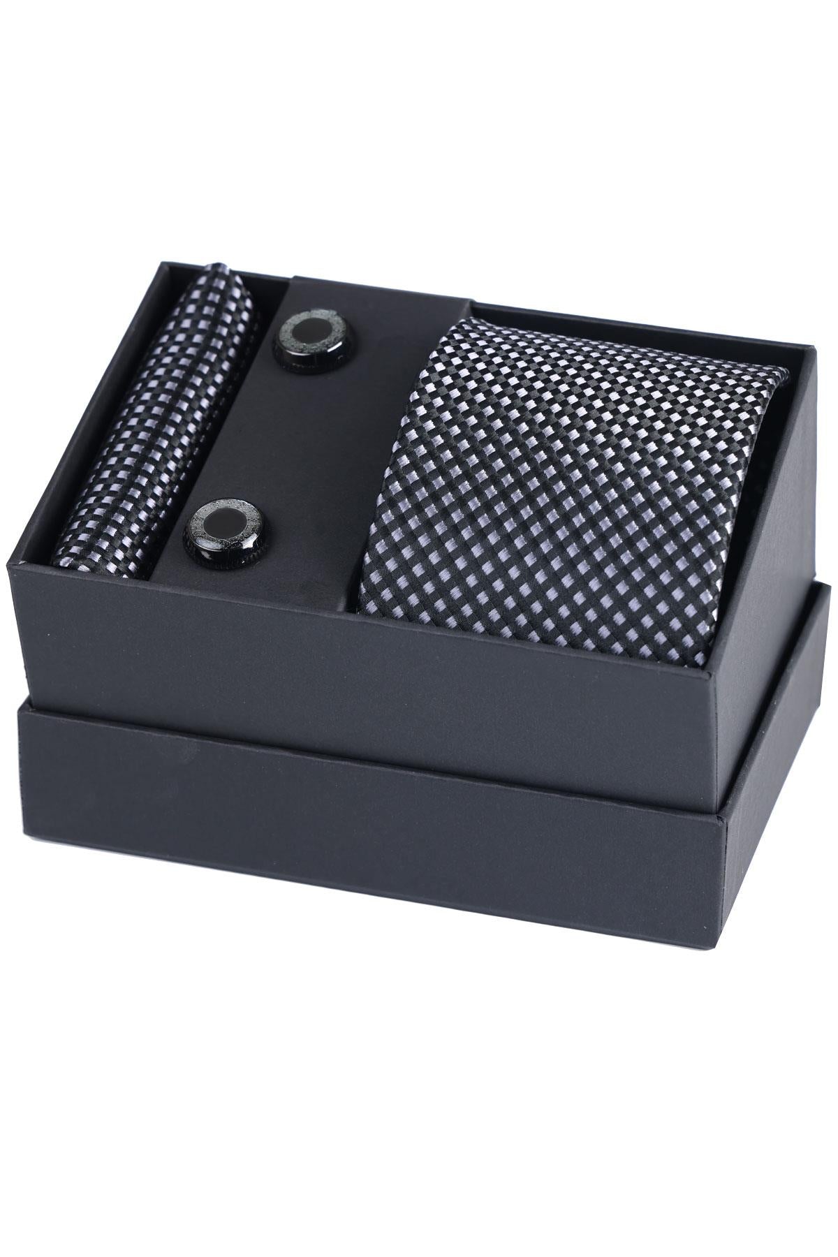 Esgue Hand Made Desenli Siyah Gri Kravat & Mendil & Kol Düğmesi Hediye Seti