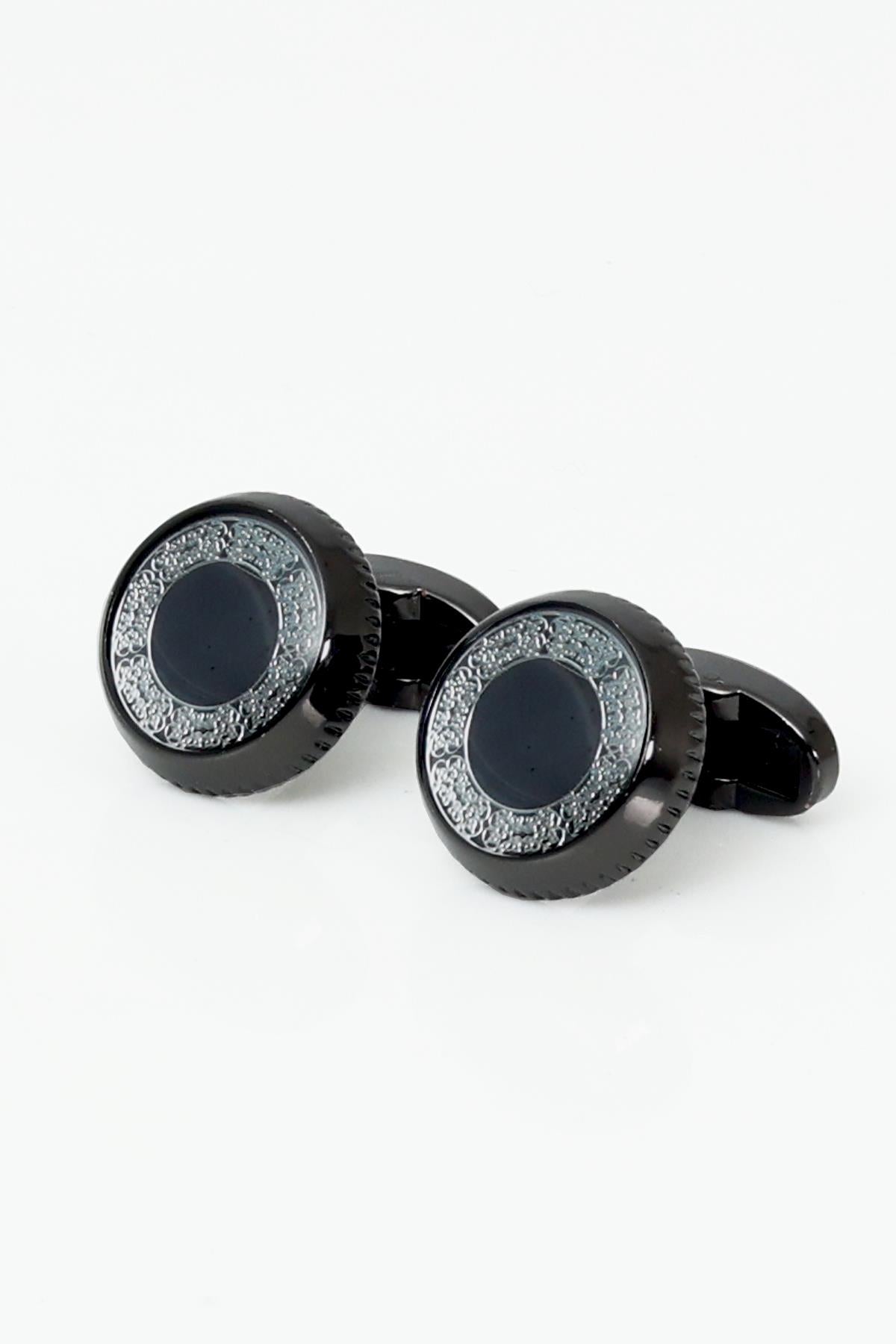 Esgue Hand Made Desenli Siyah Gri Kravat & Mendil & Kol Düğmesi Hediye Seti