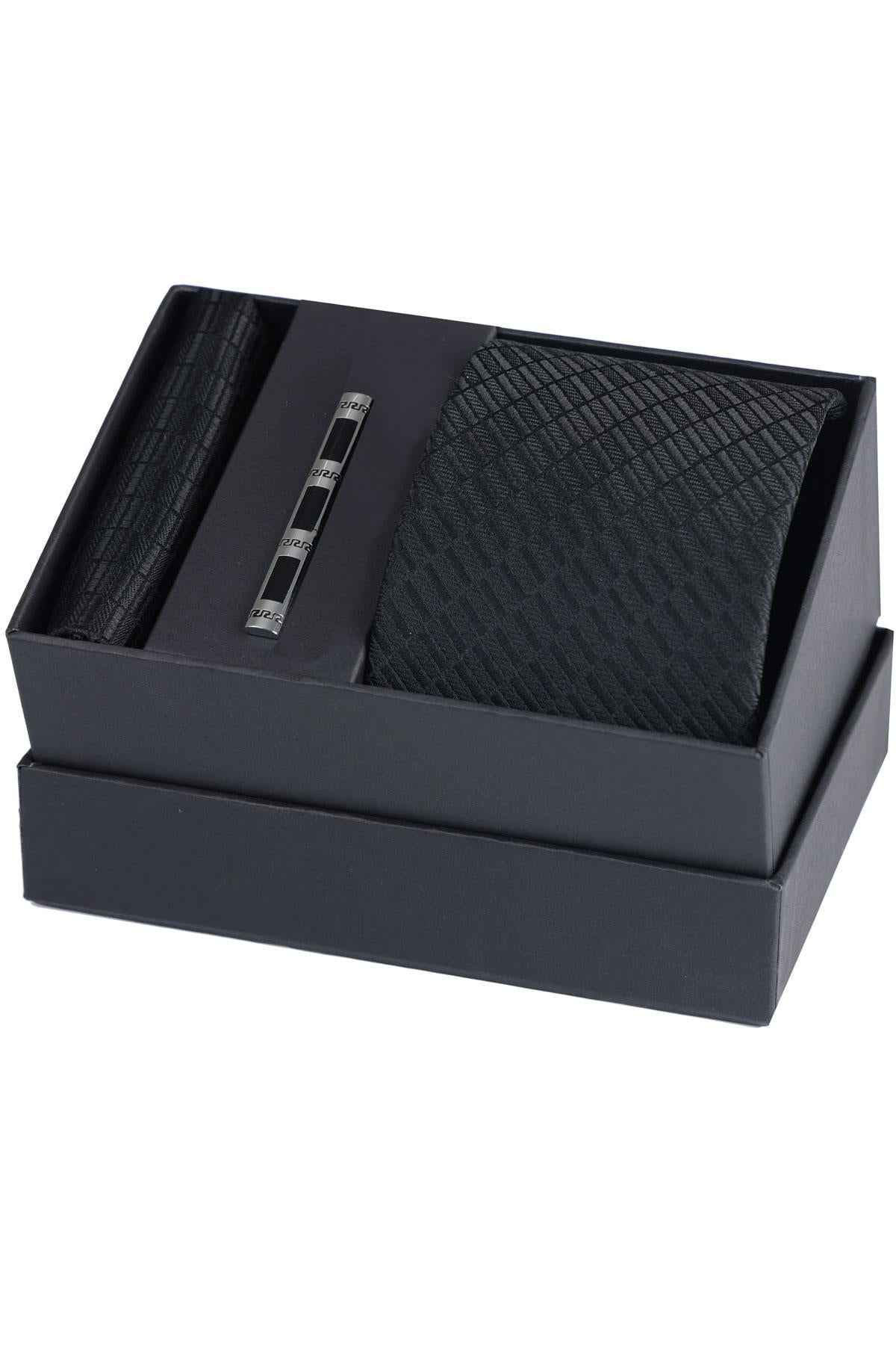 Esgue Hand Made Desenli Siyah Kravat & Mendil & Kravat Maşası Hediye Seti