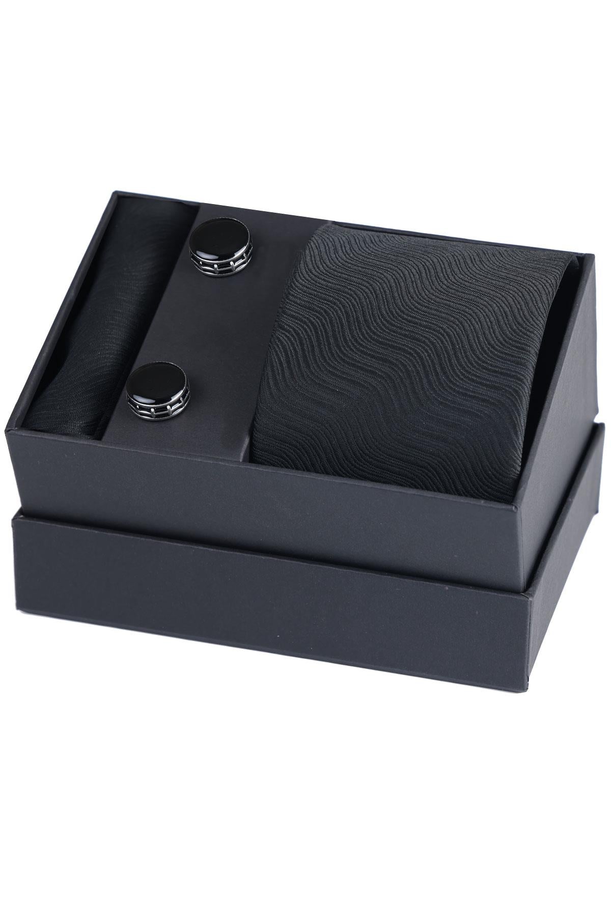 Esgue Hand Made Desenli Siyah Kravat & Mendil & Özel Tasarım Kol Düğmesi Hediye Seti