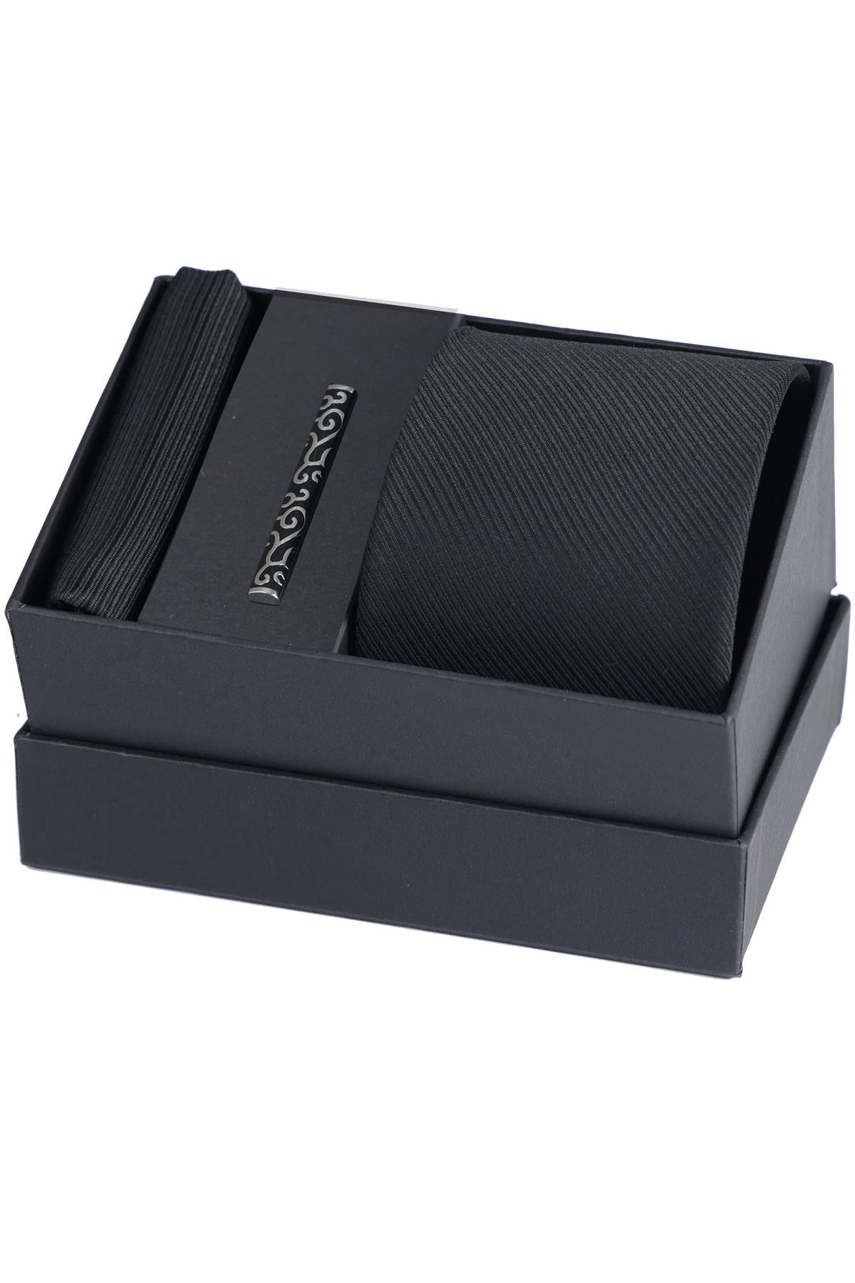 Esgue Hand Made Desenli Siyah Kravat & Mendil & Siyah Desenli Kravat Maşası Hediye Seti