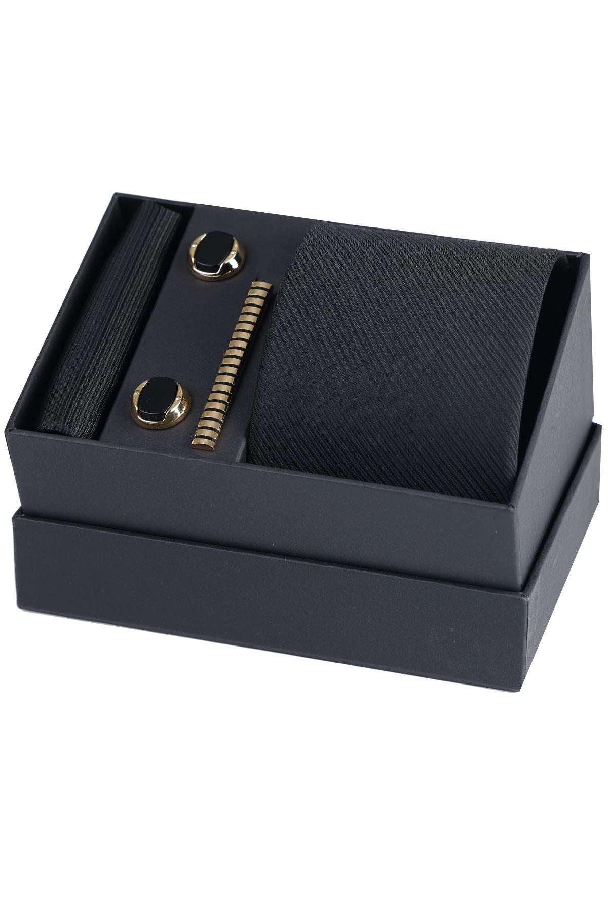 Esgue Hand Made Desenli Siyah Kravat & Mendil & Siyah Gold Kol Düğmesi & Kravat Maşası Hediye Seti