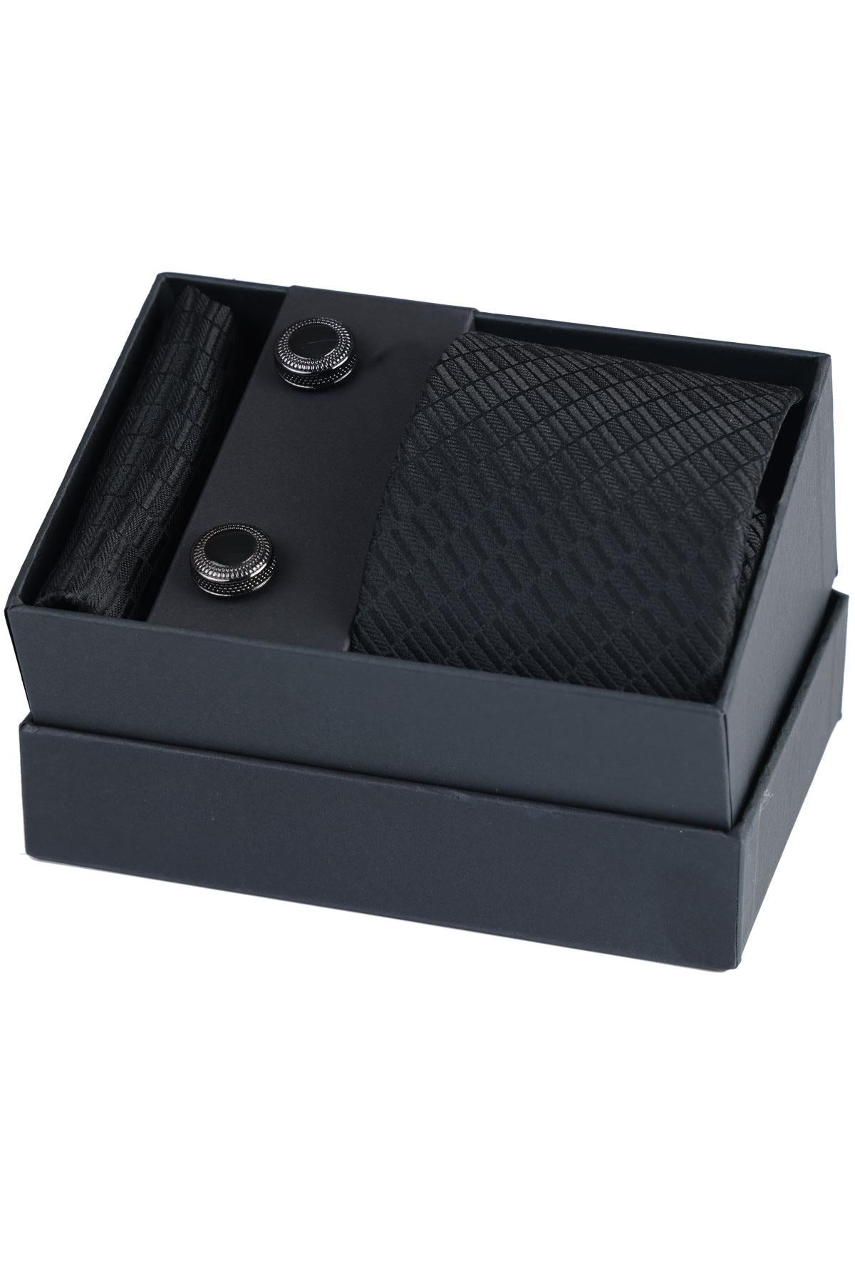 Esgue Hand Made Desenli Siyah Kravat & Mendil & Siyah Kol Düğmesi Hediye Seti