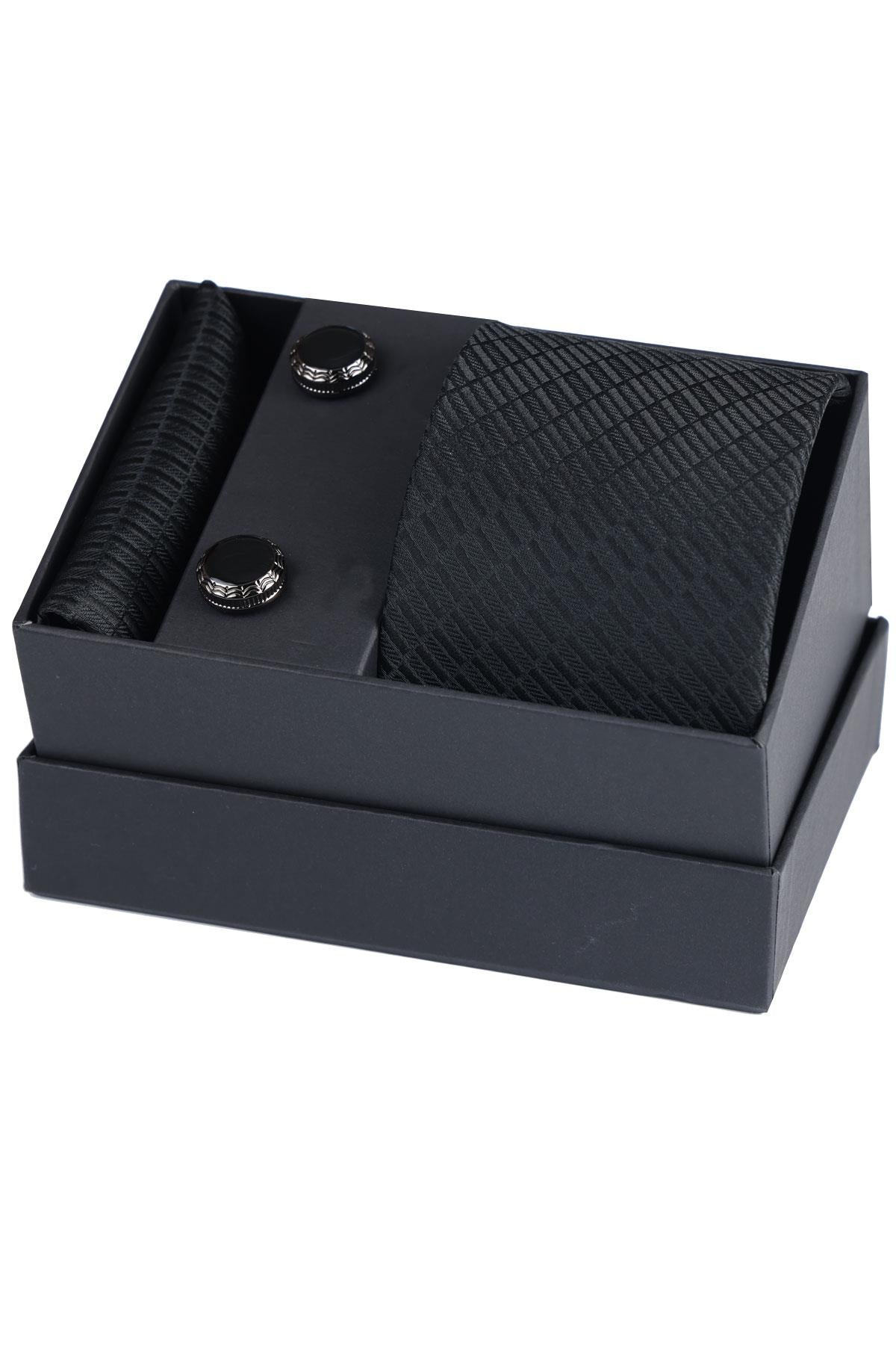 Esgue Hand Made Desenli Siyah Kravat & Mendil & Siyah Mineli Kol Düğmesi Hediye Seti