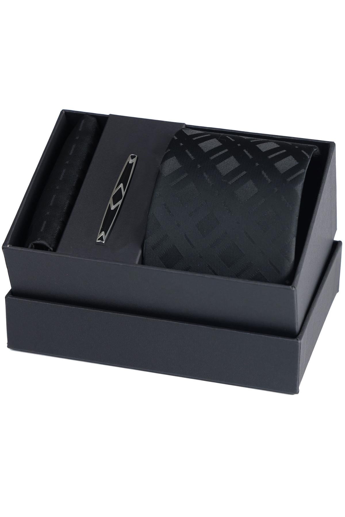 Esgue Hand Made Ekose Desen Siyah Kravat & Mendil & Siyah Gümüş Renk Kravat Maşası Hediye Seti