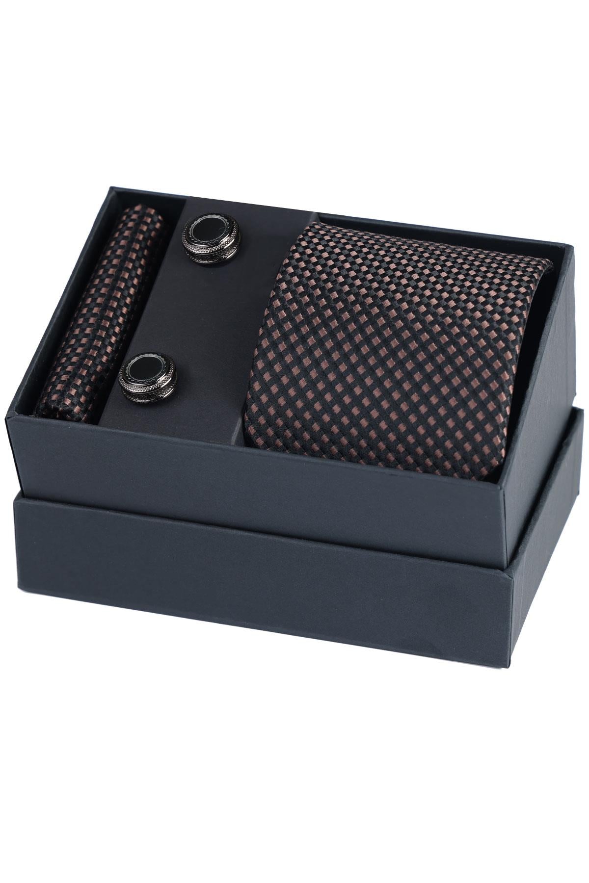 Esgue Hand Made Kahverengi Siyah Kravat & Mendil & Kol Düğmesi Hediye Seti