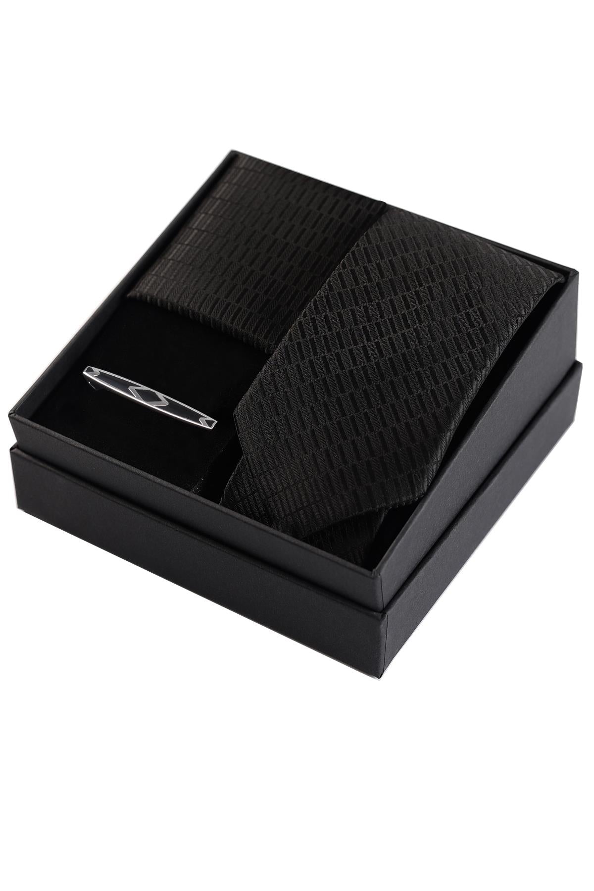 Esgue Hand Made Kravat Mendil Gümüş Rengi Kravat İğnesi Kutulu Hediye Seti