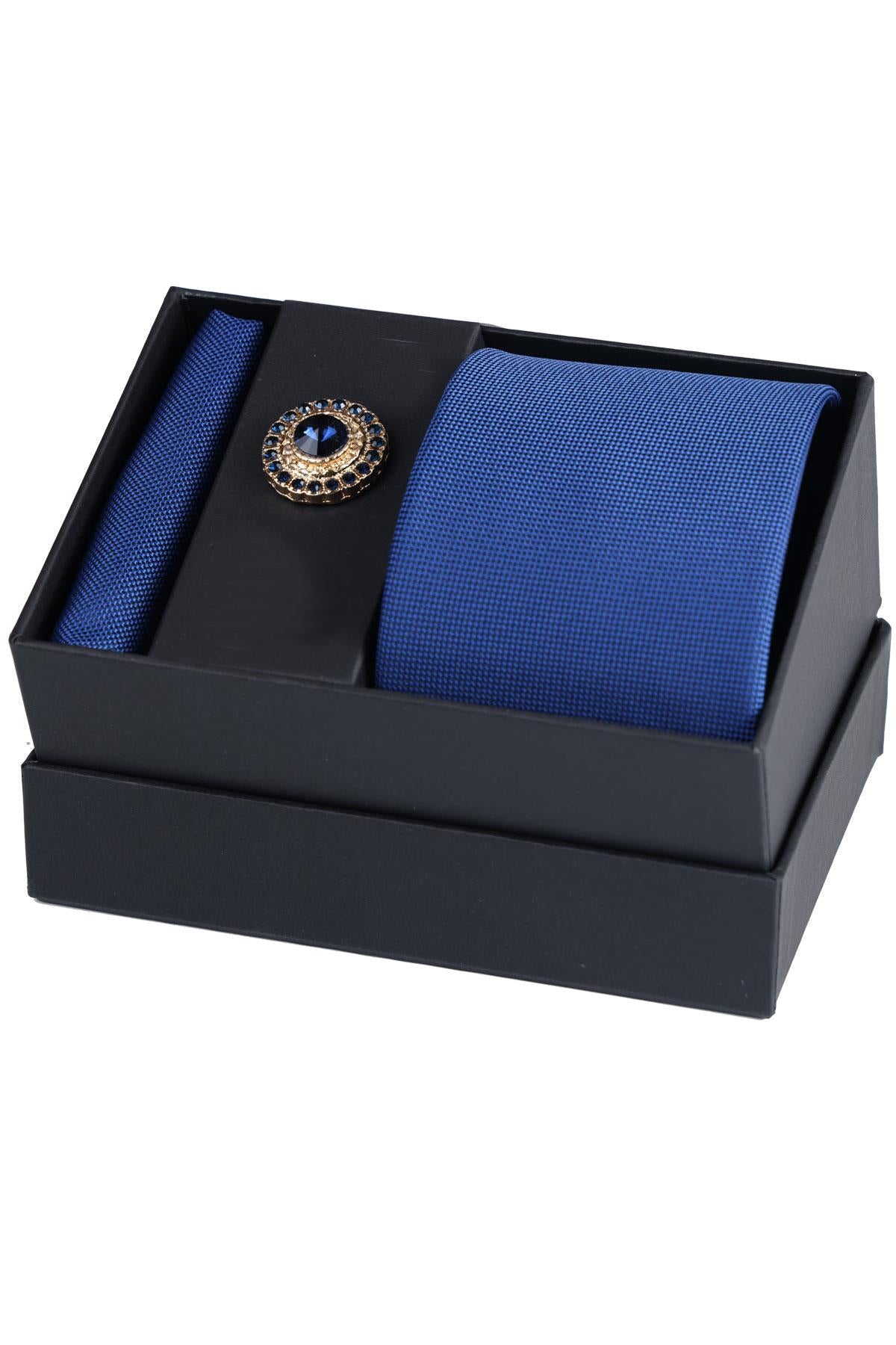 Esgue Hand Made Lacivert Kravat & Mendil & Gold Renk Lacivert Taşlı Yaka Broşu Hediye Seti