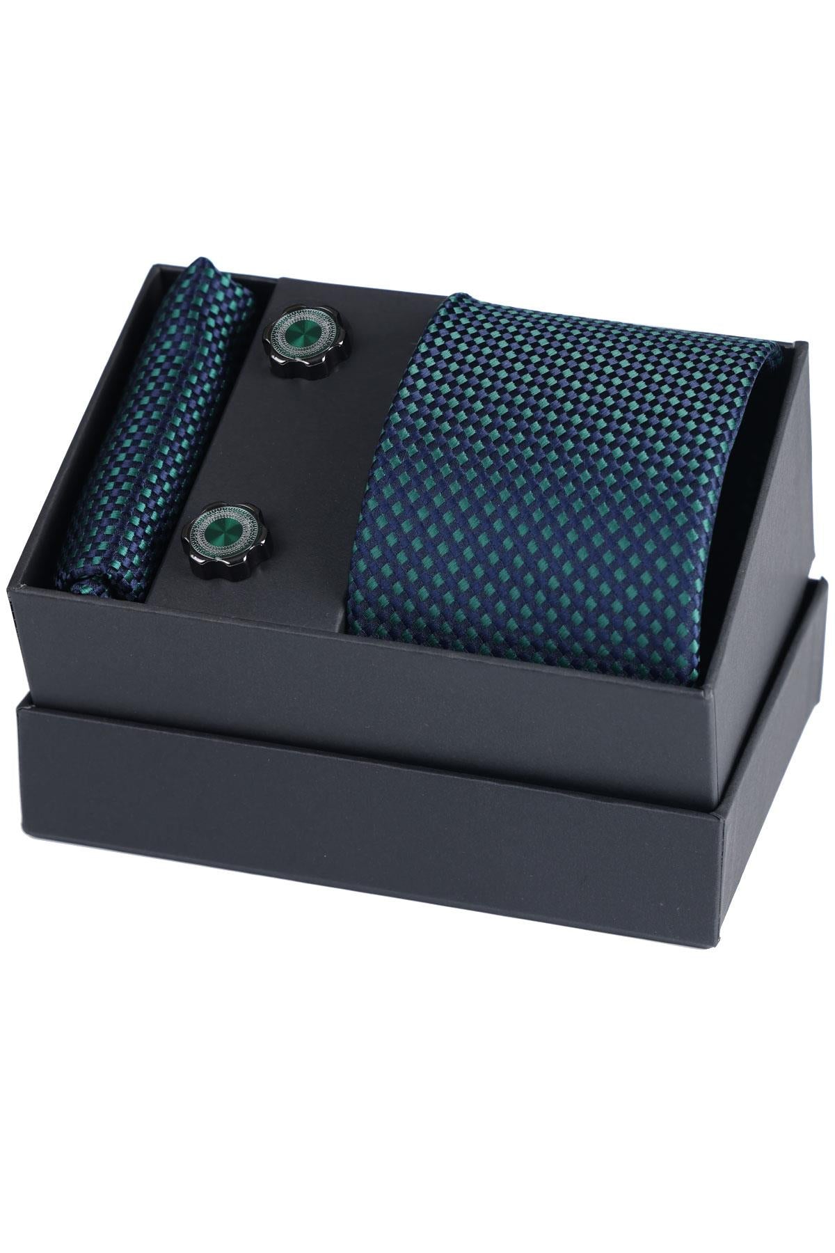 Esgue Hand Made Lacivert Yeşil Kravat & Mendil & Kol Düğmesi Hediye Seti