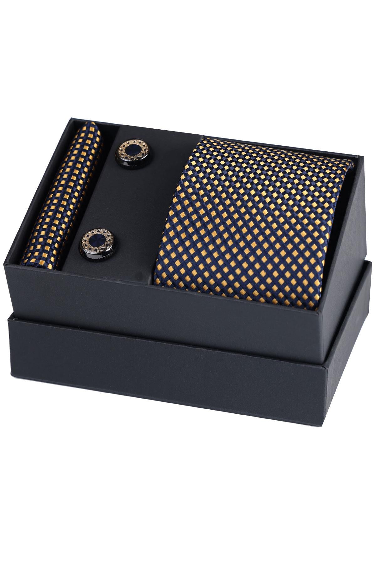 Esgue Hand Made Sarı Lacivert Kravat & Mendil & Kol Düğmesi Hediye Seti