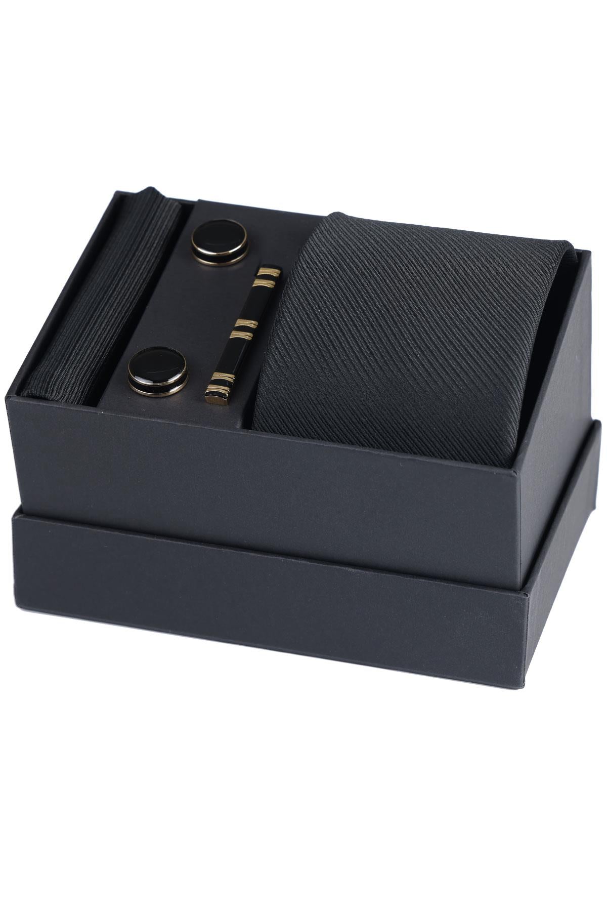 Esgue Hand Made Siyah Kravat & Mendil & Desenli Siyah Gold Mineli Kol Düğmesi & Kravat Maşası Hediye Seti