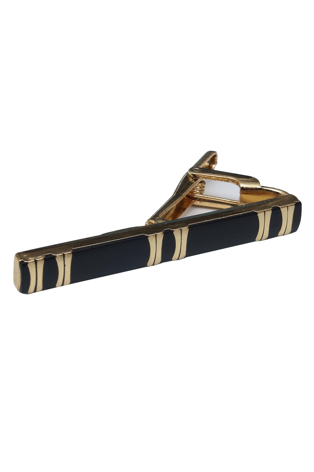 Esgue Hand Made Siyah Kravat & Mendil & Desenli Siyah Gold Mineli Kol Düğmesi & Kravat Maşası Hediye Seti