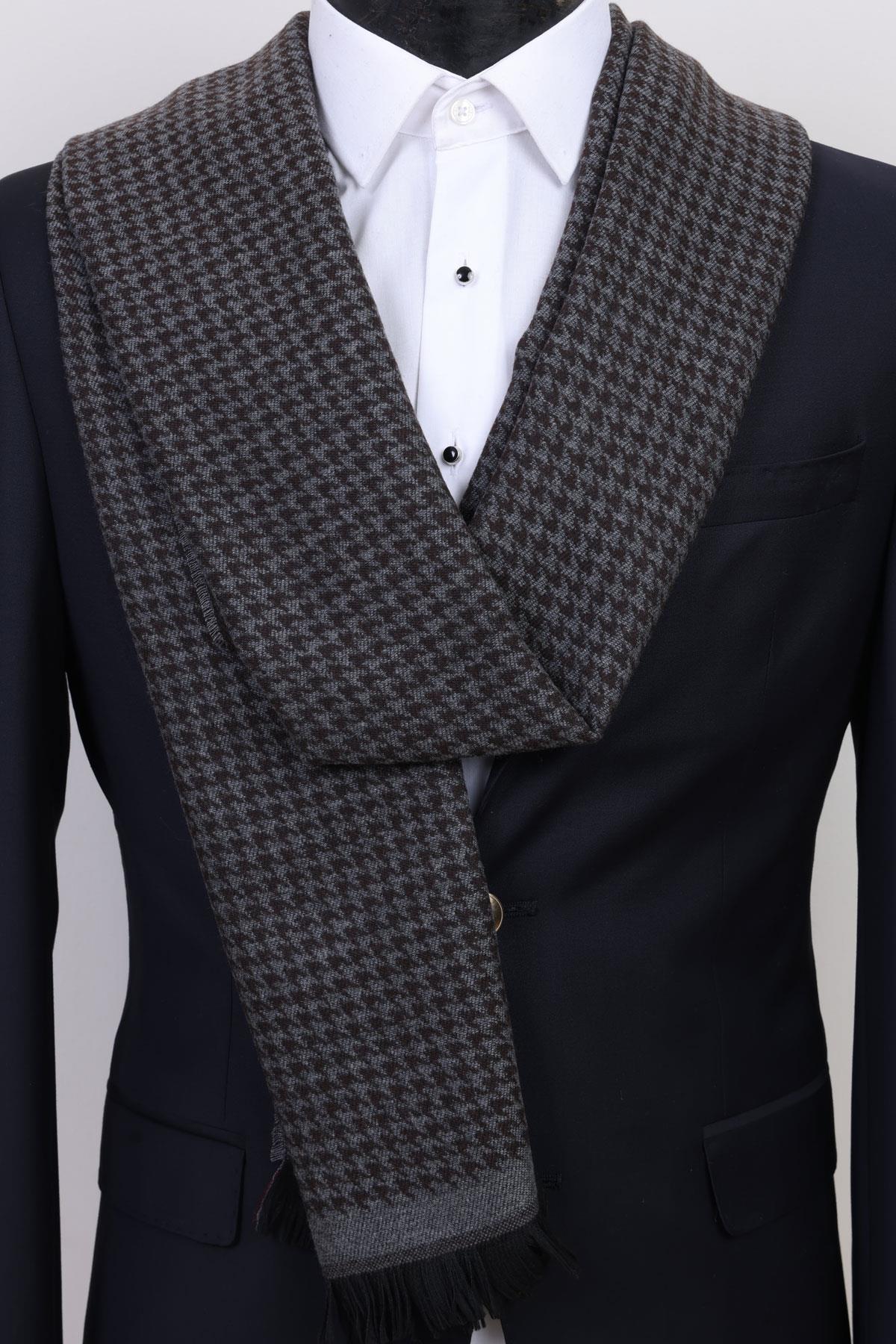 Esgue Kahverengi-Gri Çift Taraflı Kazayağı Desenli Viskon Kaşkol