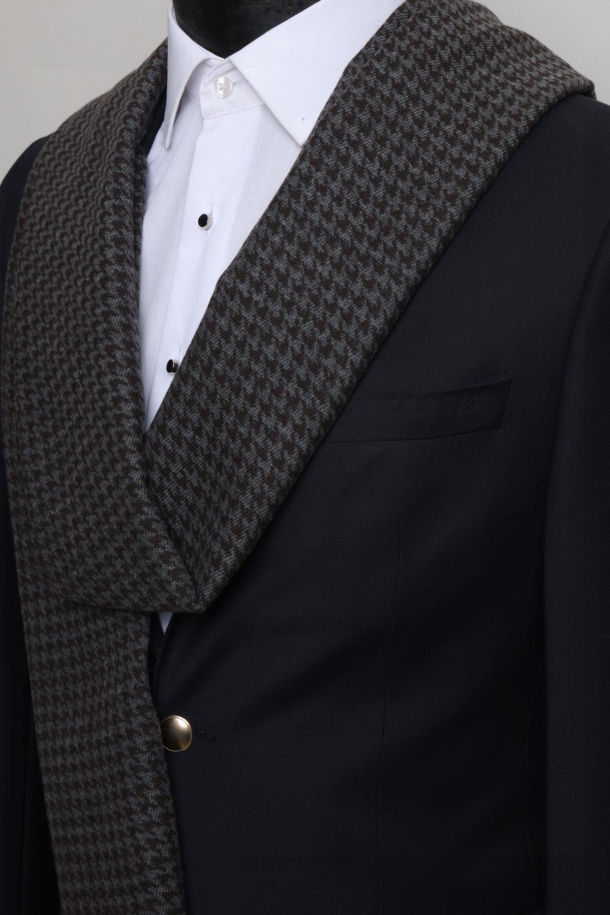 Esgue Kahverengi-Gri Çift Taraflı Kazayağı Desenli Viskon Kaşkol