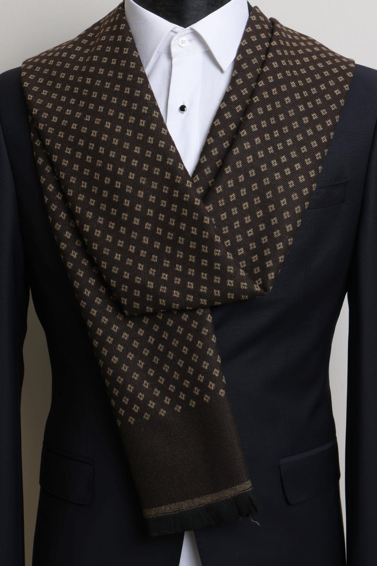 Esgue Kahverengi-Sarı Çift Taraflı Desenli Viskon Kaşkol