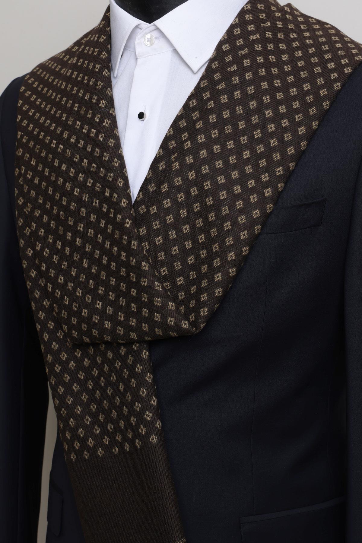 Esgue Kahverengi-Sarı Çift Taraflı Desenli Viskon Kaşkol