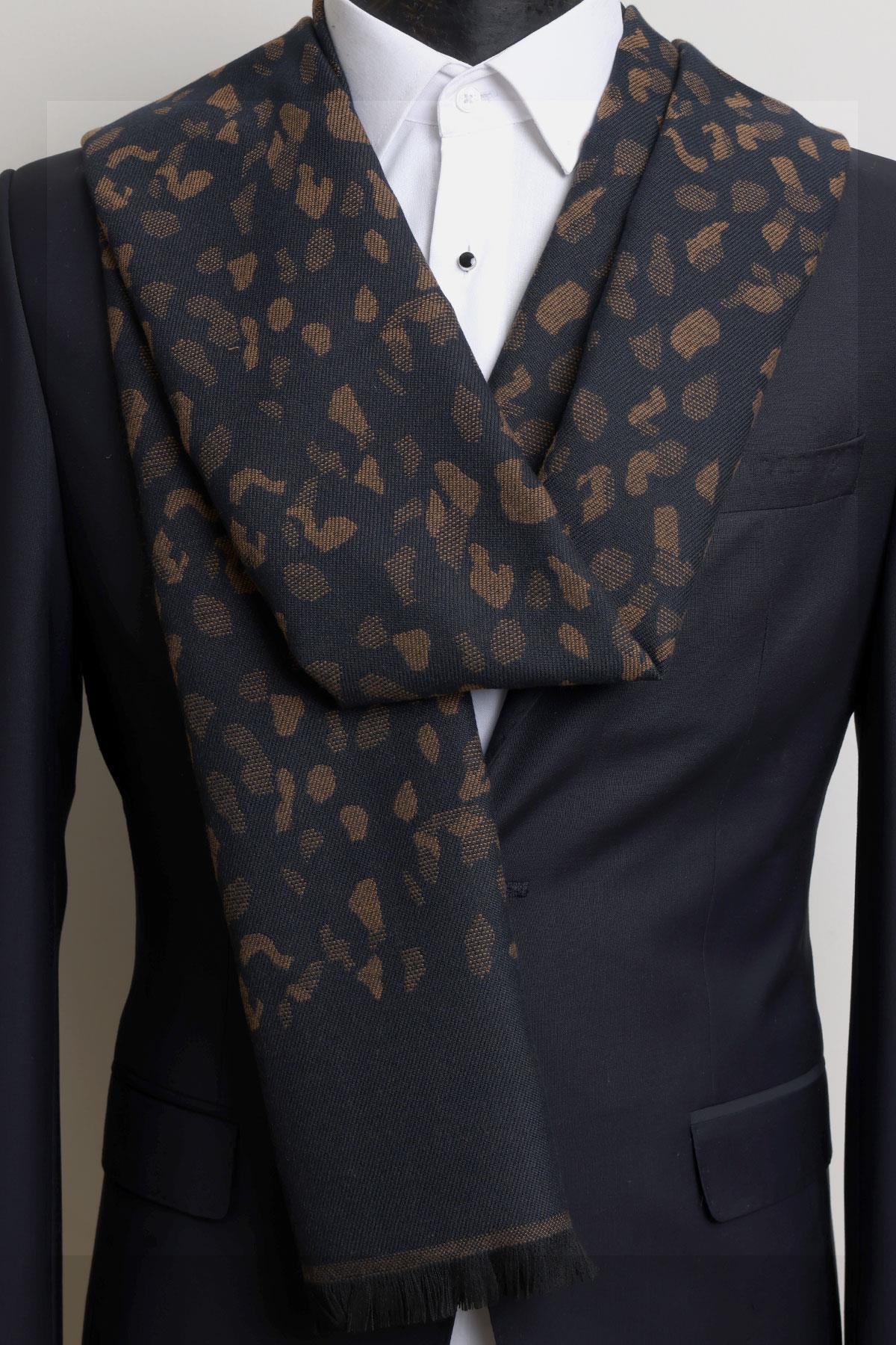 Esgue Lacivert-Kahve Çift Taraflı Küçük Desenli Viskon Kaşkol