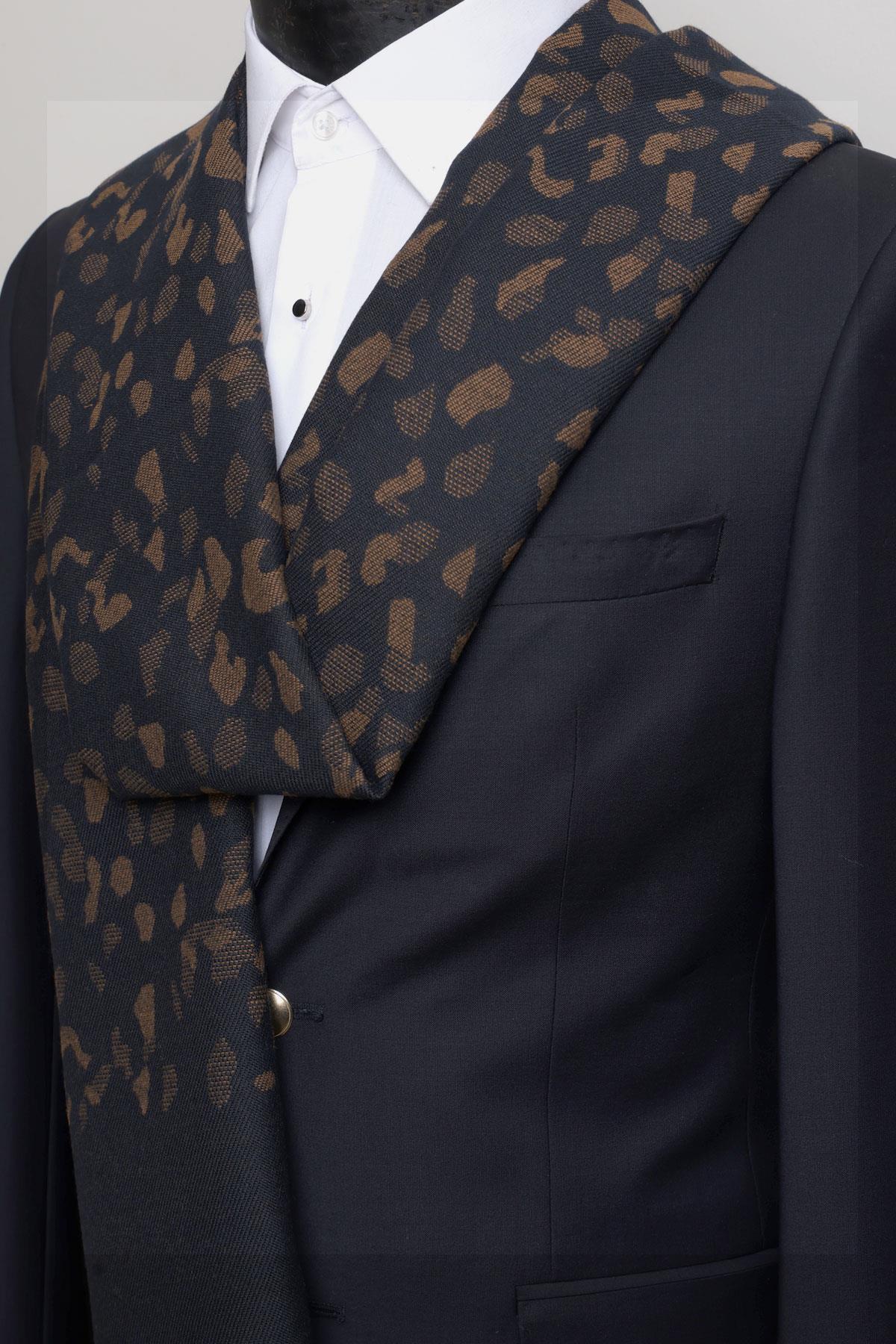 Esgue Lacivert-Kahve Çift Taraflı Küçük Desenli Viskon Kaşkol