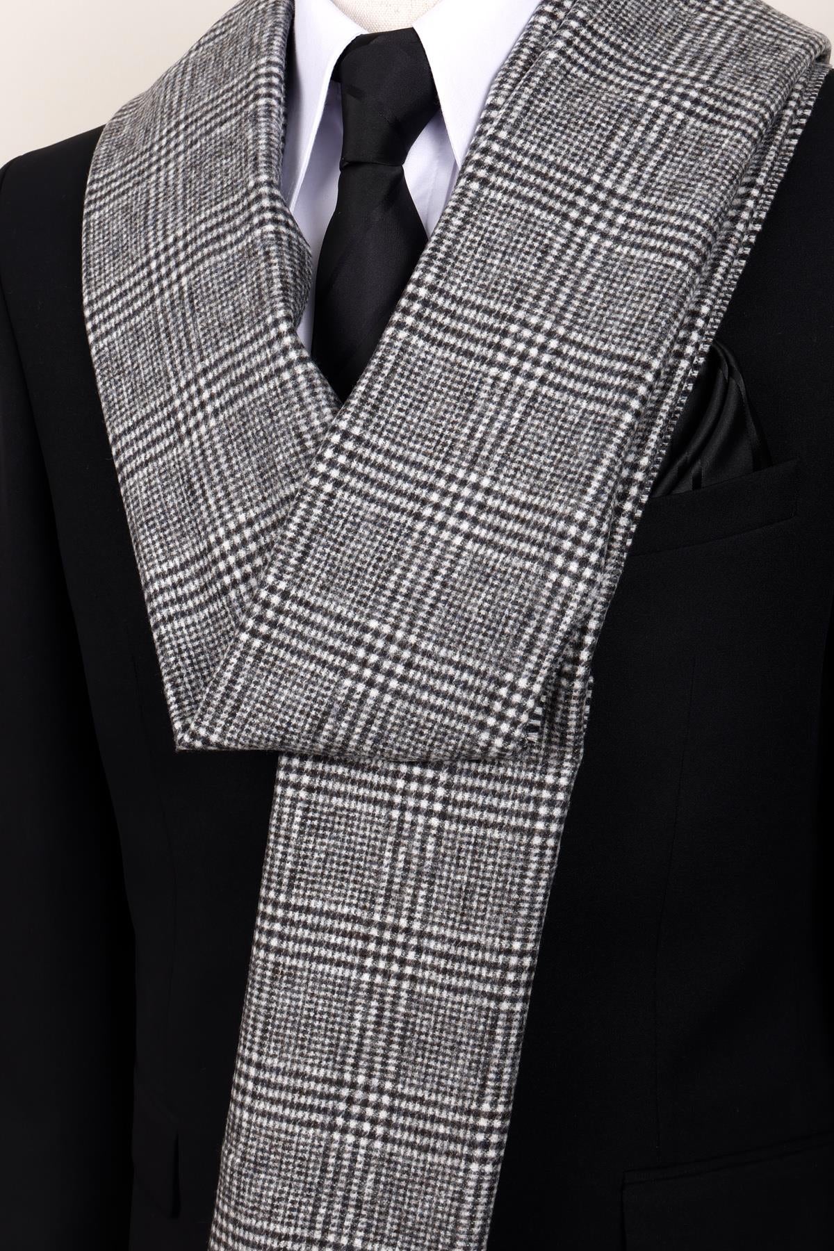 Esgue Yünlü Siyah Beyaz Ekose Kaşkol - Yumuşak Dokulu Klasik Erkek Atkı