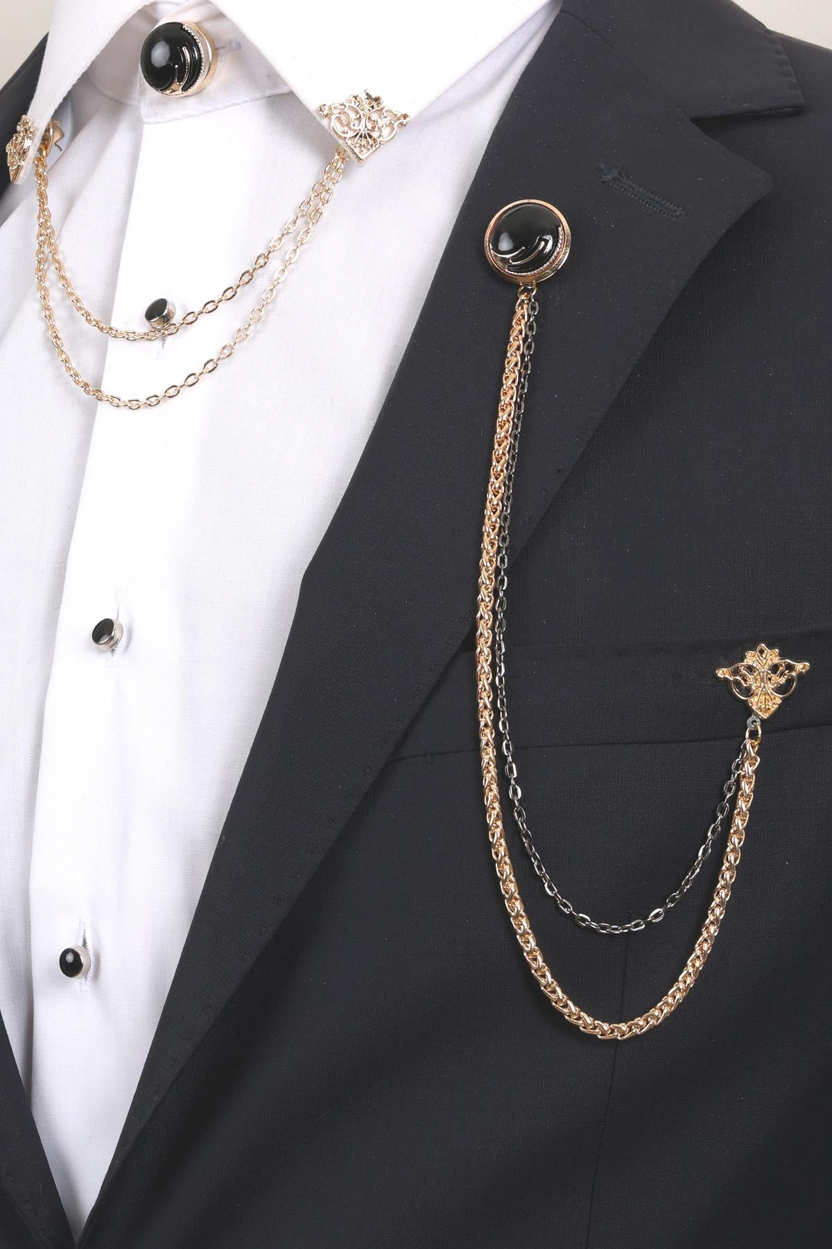 Esgue Siyah Desenli Gold Yaka Broş Seti – 3 Parça Zincirli Erkek Yaka İğnesi (BRS15)