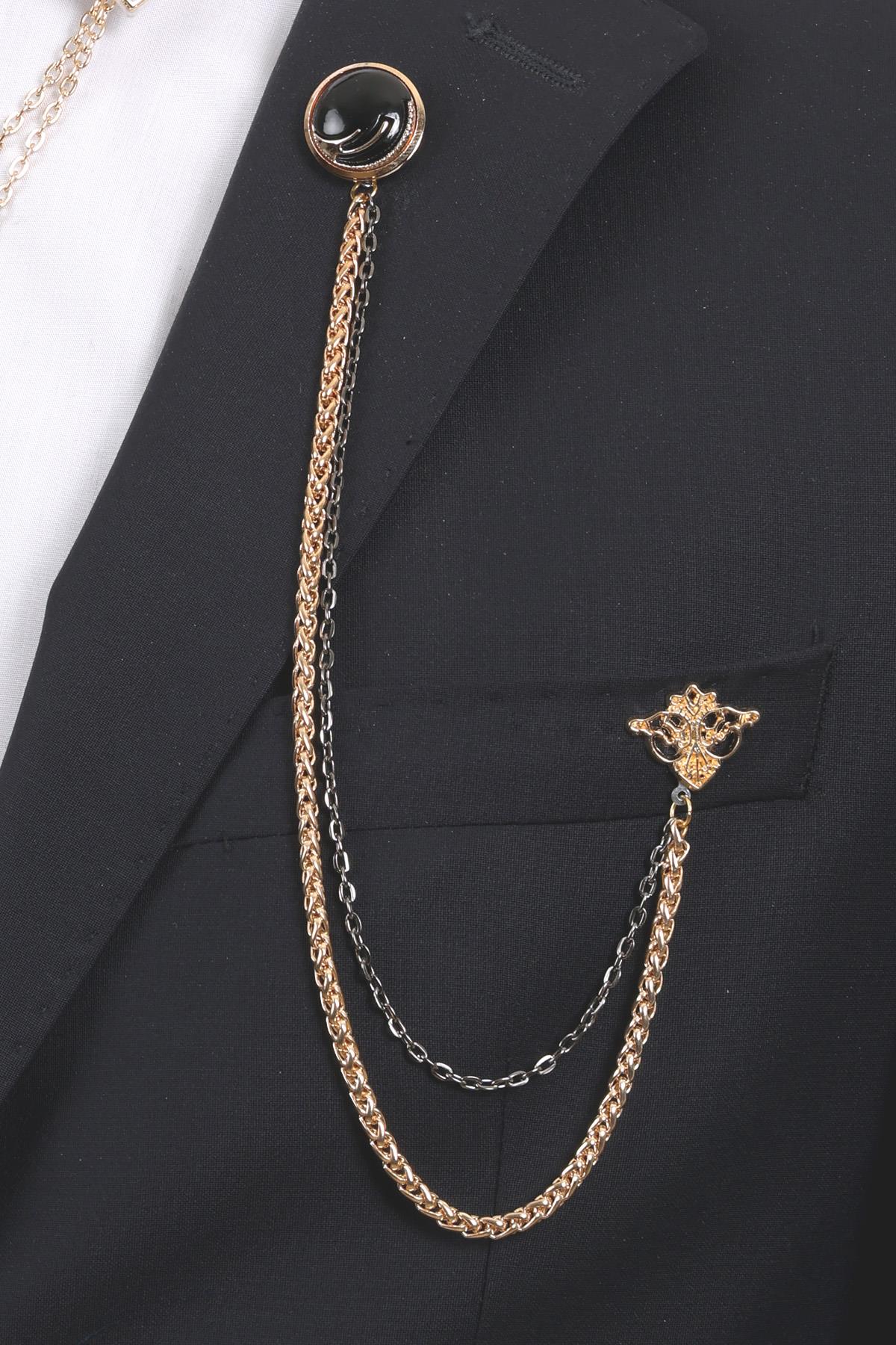 Esgue Siyah Desenli Gold Yaka Broş Seti – 3 Parça Zincirli Erkek Yaka İğnesi (BRS15)