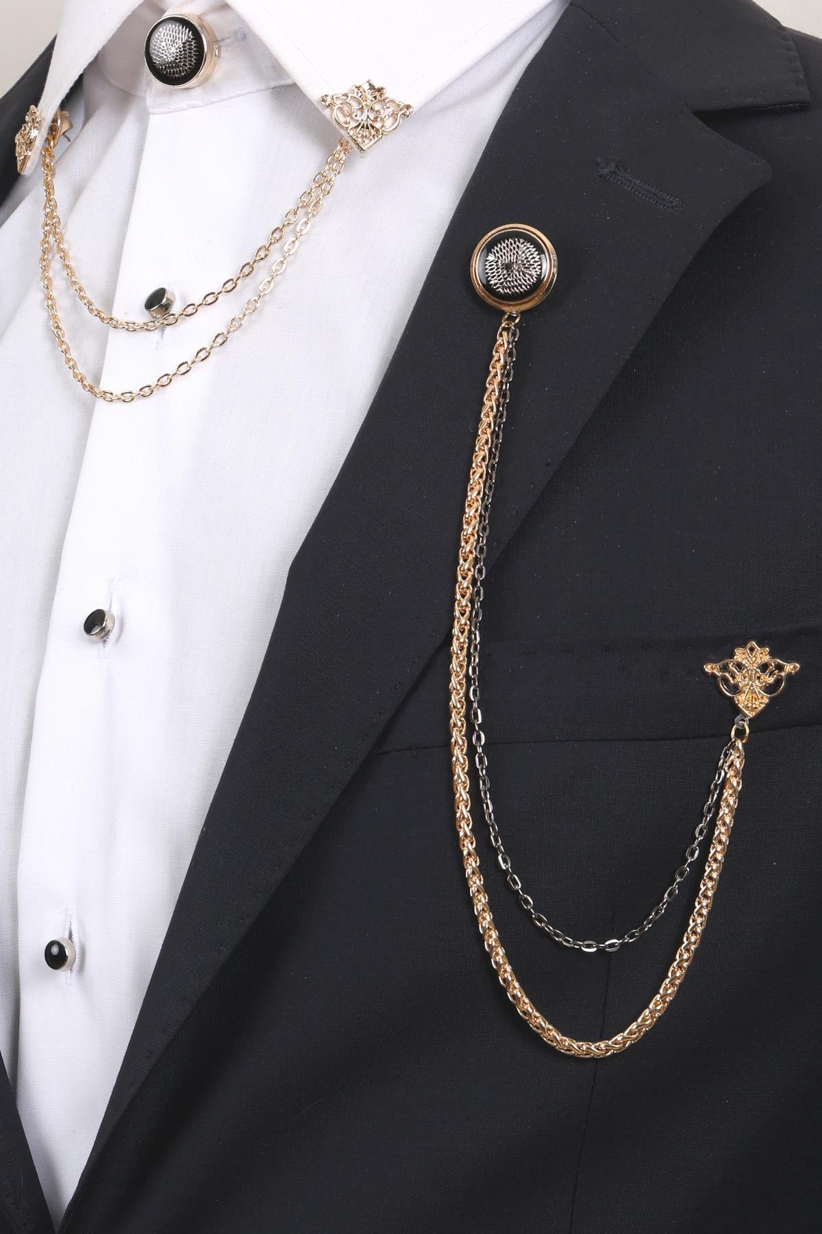 Esgue Siyah Desenli Gold Yaka Broş Seti – 3 Parça Zincirli Erkek Yaka İğnesi (BRS14)